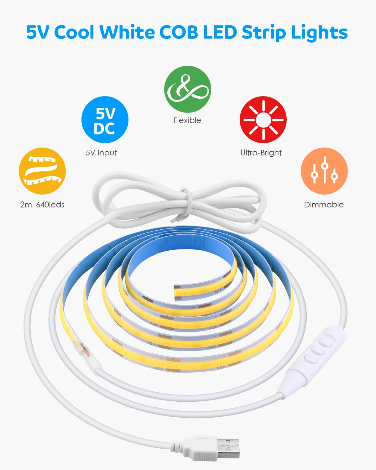 Aclorol 5V Usb Powered Dimmable Cob Led Strip Light 6.56Ft Cold White Led Strip Light For Bedroom Dotless 640Leds Tape Light For