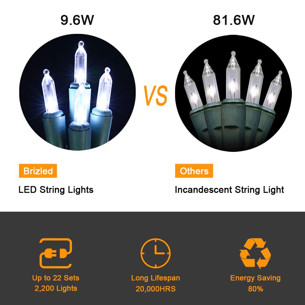 Brizled Christmas Tree Lights, 2 Pack 33Ft 100 Led Christmas Lights, 120V Ul Certified Connectable Xmas Light Indoor Outdoor, Cl