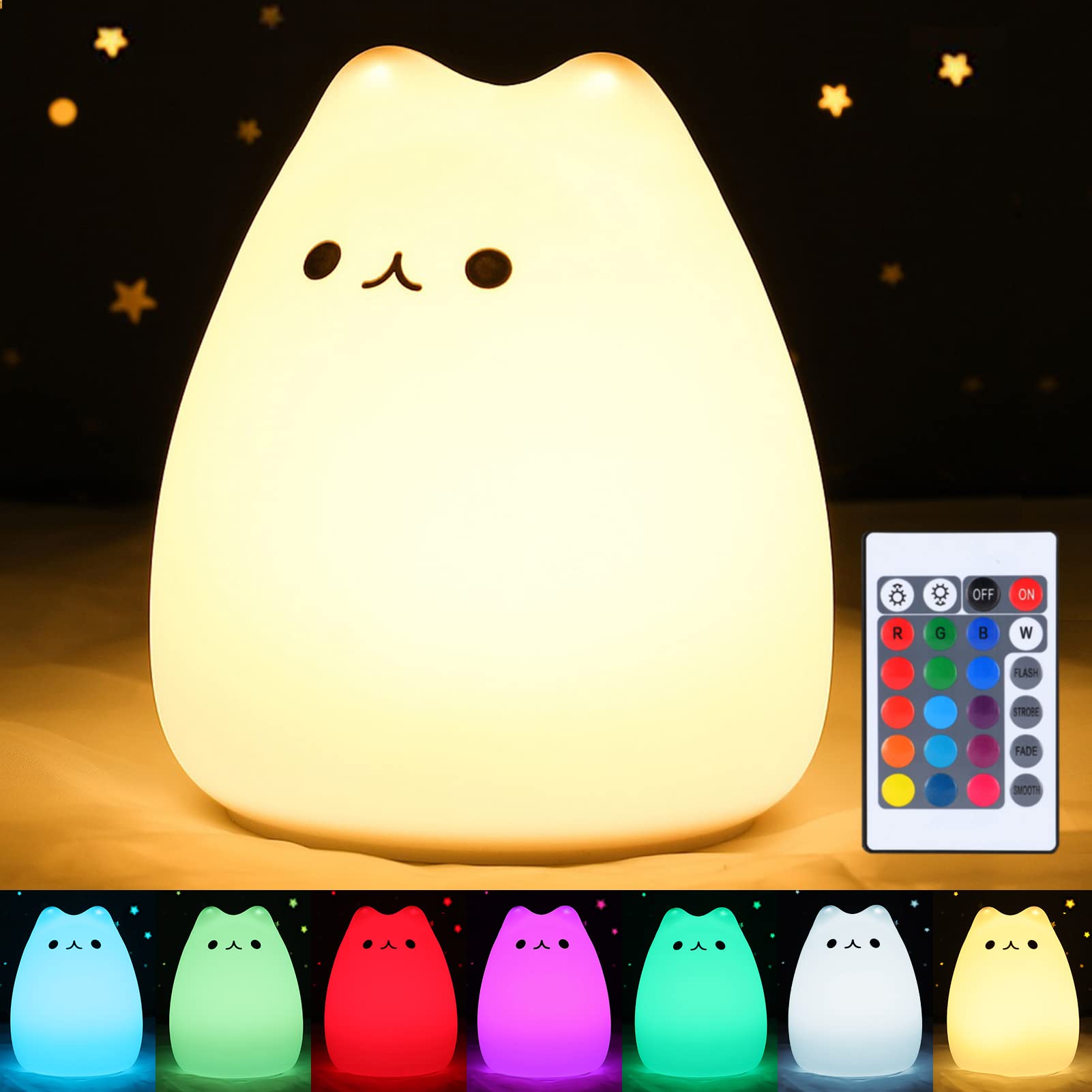 ZKLiLi Cat Lamp - Rechargeable Silicone LED Nightlight with Remote Control, Cute Kawaii Design for Kids, Celebrity Cat Variant
