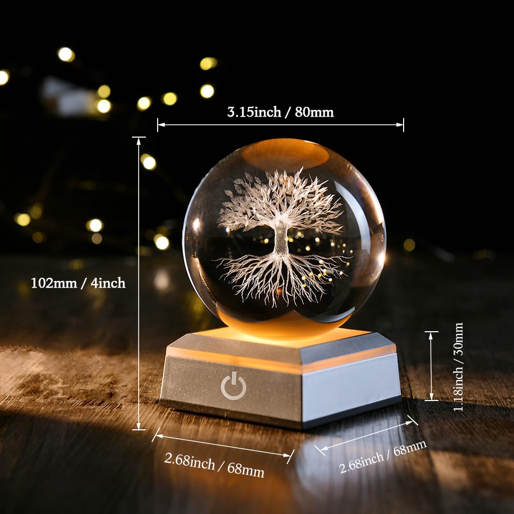 Zrenjhus 80Mm 3D Tree Of Life Crystal Ball With Colorful Light Touch Base Life Tree Night Light Flower Of Life Decor Healing Bal