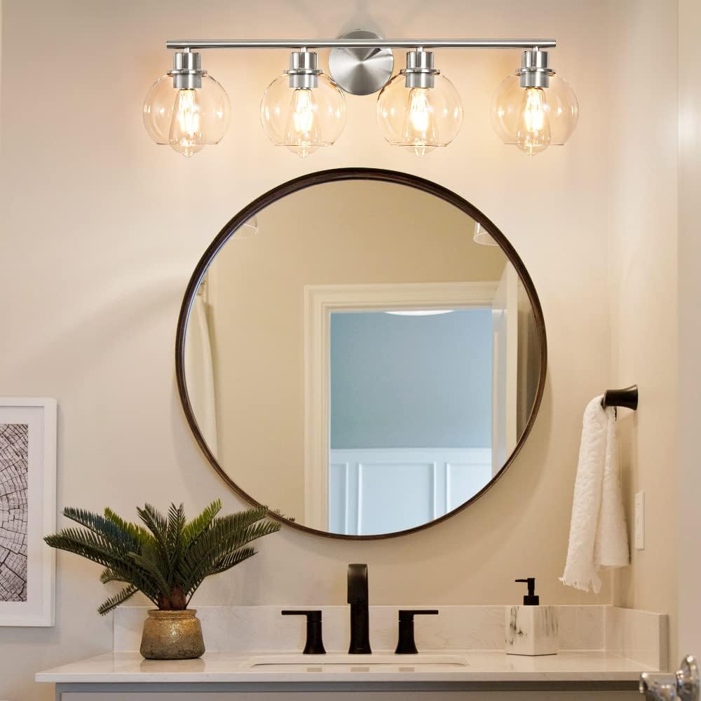 Lanmate Bathroom Vanity Light Fixture, 4-Lights, Clear Glass Shade, 29.5 inch, Modern, Brushed Nickel, Model 4L-CG-BN-29.5