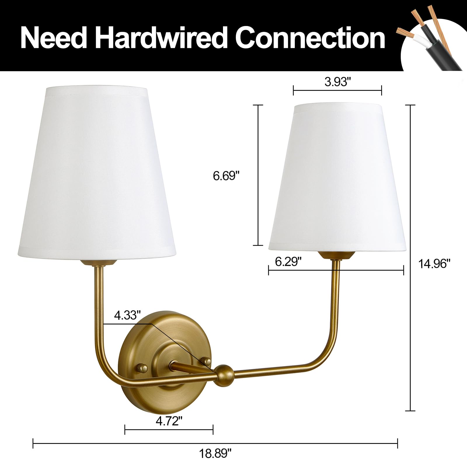 Passica Decor Hardwired 2 Light Modern Armed Wall Sconce With 2Pcs Antique Brass Flared White Fabric Shade Double Gold Sconce Fo