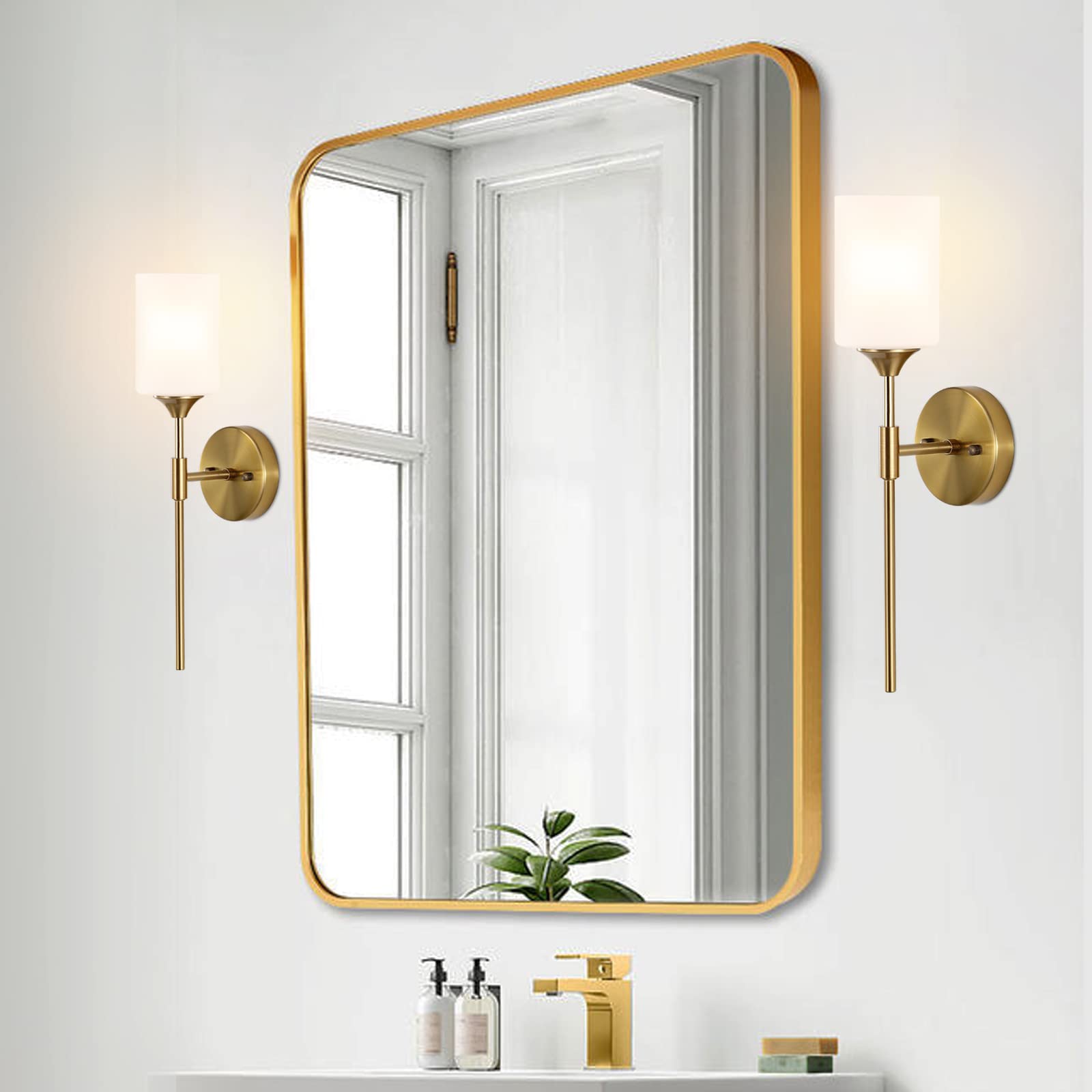 BYOLIIMA Gold Wall Sconce Set of 2 - Modern Metal Bathroom Vanity Light with White Cylinder Glass Shades, Brushed Brass Finish