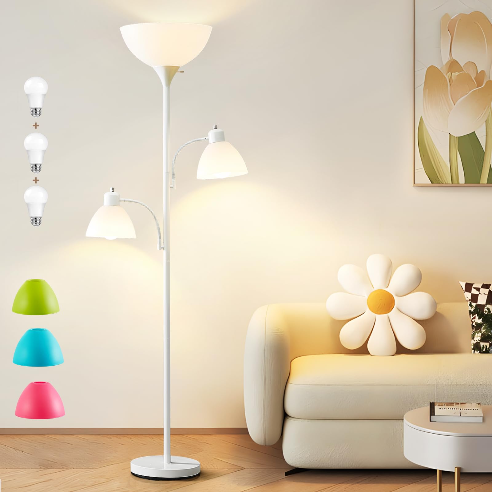 Luvkczc White Floor Lamp, 72'' Tall Standing Floor Lamp with 5 Replace Lampshades, Torchiere Lamps with 8W Adjustable Reading Li