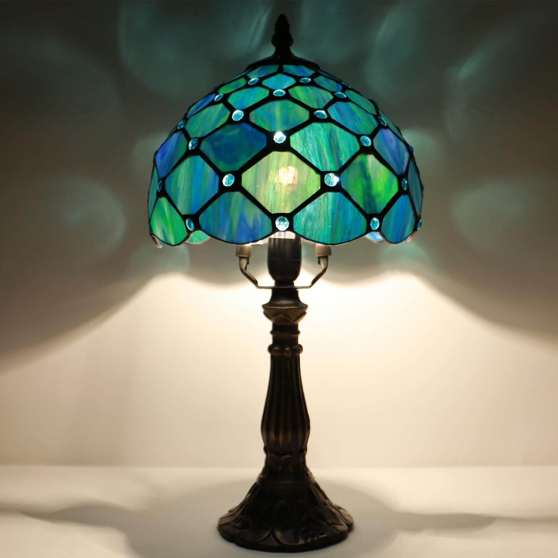 Lxhcyou Small Tiffany Lamp Mini Accent Table Lamp Stained Glass Desk Memory Lamp Sympathy 8X14.5 Inch (Sea Blue Pearl Style)