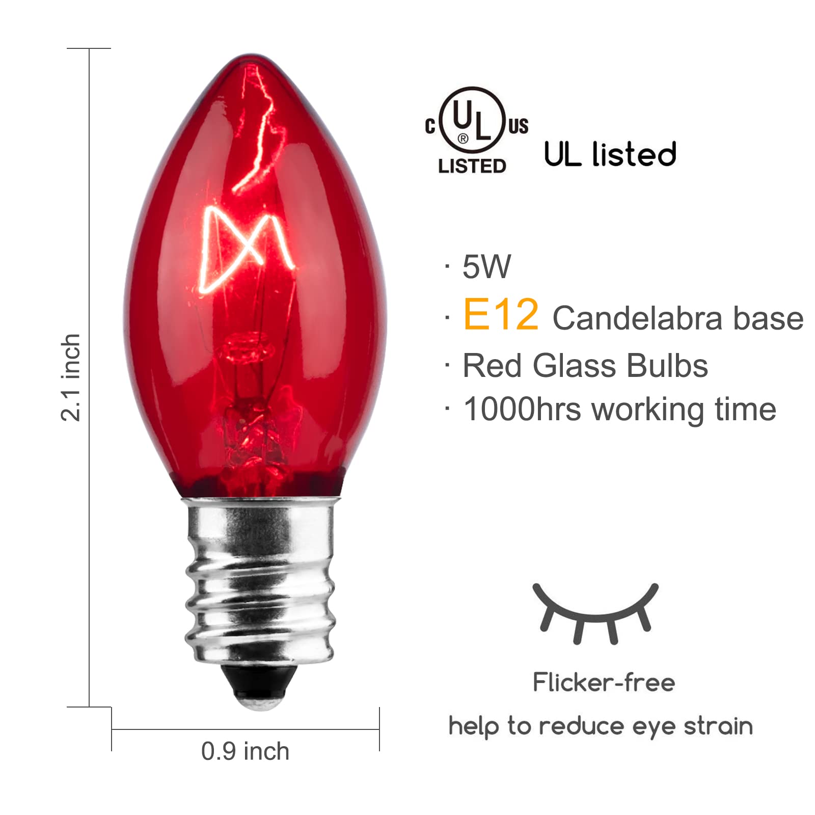 25 Pack Replacement C7 Light Bulbs For E12 Base Christmas String Lights, Classic Christmas Bulbs For Holiday Party Indoor Outdoor Garden Backyard Cafe Xmas Decoration, Red