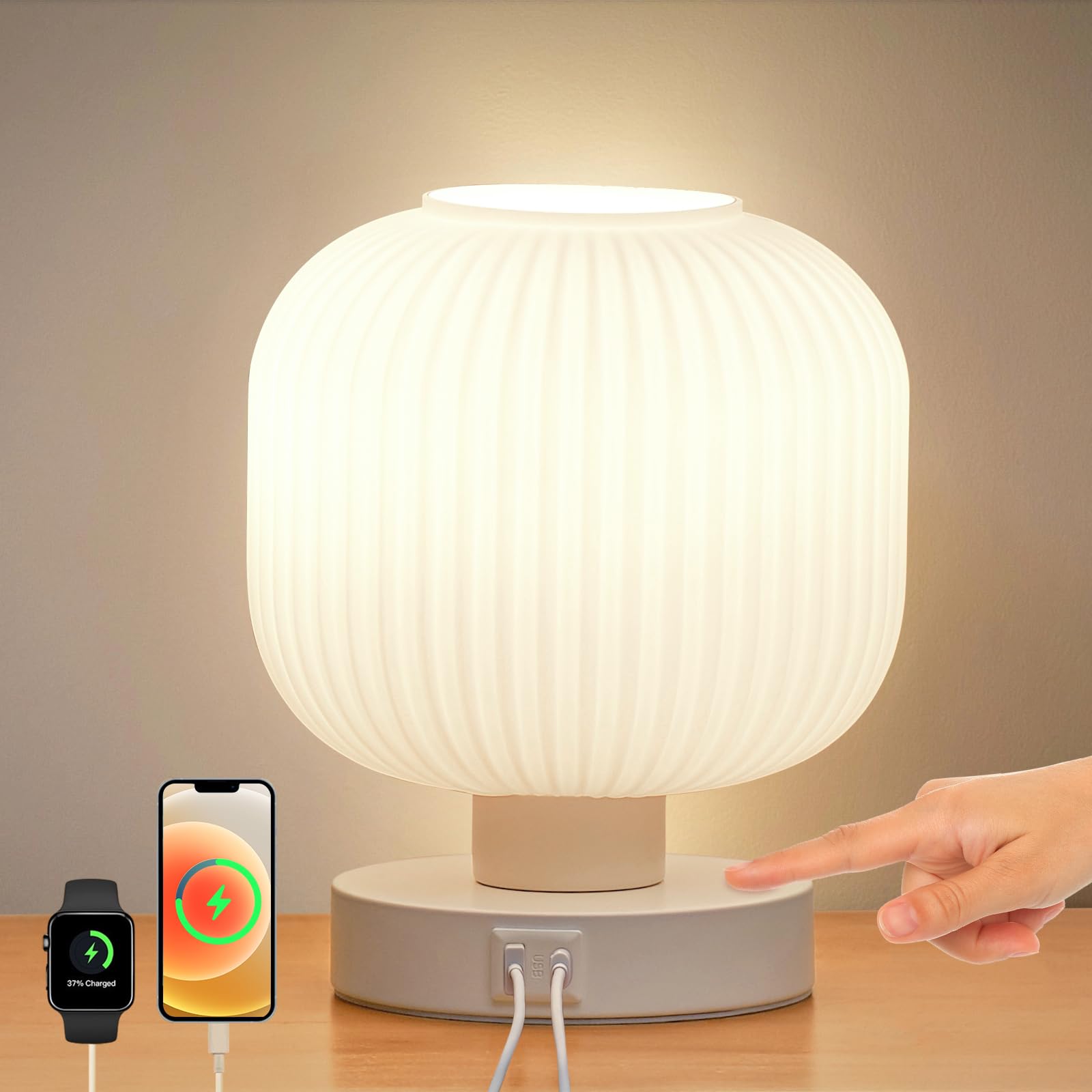 Elenhome Big Touch Glass Bedside Lamps,Table Lamps 3 Way Dimmable With Usb C+A Charging Ports - Bedroom Nightstand & Living Room Essential, 9W Bulb Included