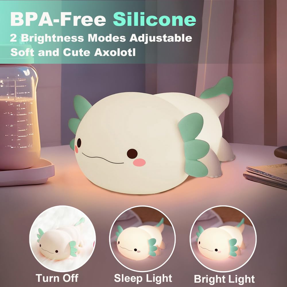 KangTen CHEN Axolotl Night Light, Silicone Touch Control Lamp, USB Rechargeable, Green, Model DS-AX-011