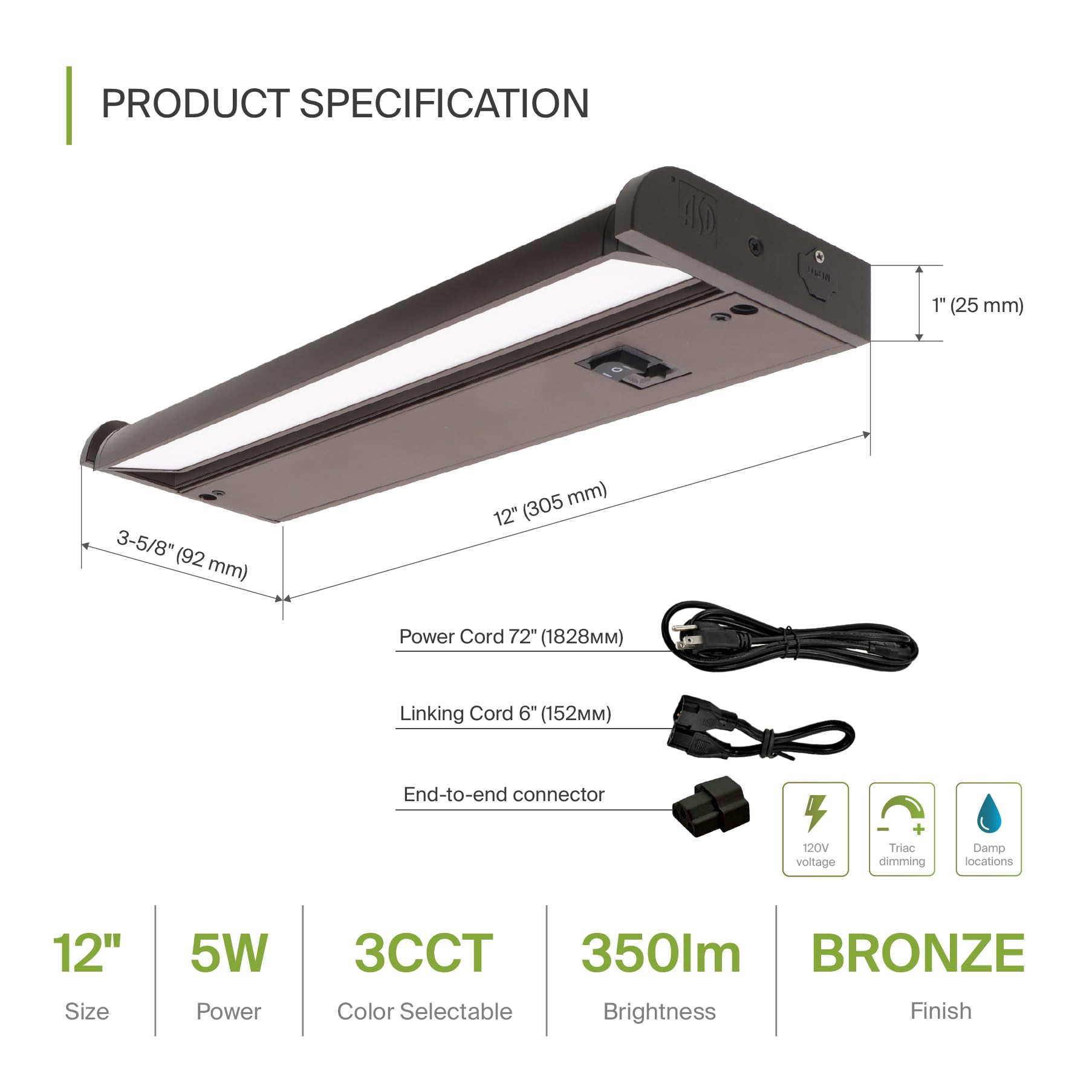 Asd Swivel Led Under Cabinet Lighting Bronze, 12 Inch 5W, Hardwired Or Plug-In, 2700K/3000K/4000K, Hi/Low Switch, Rotatable Lens
