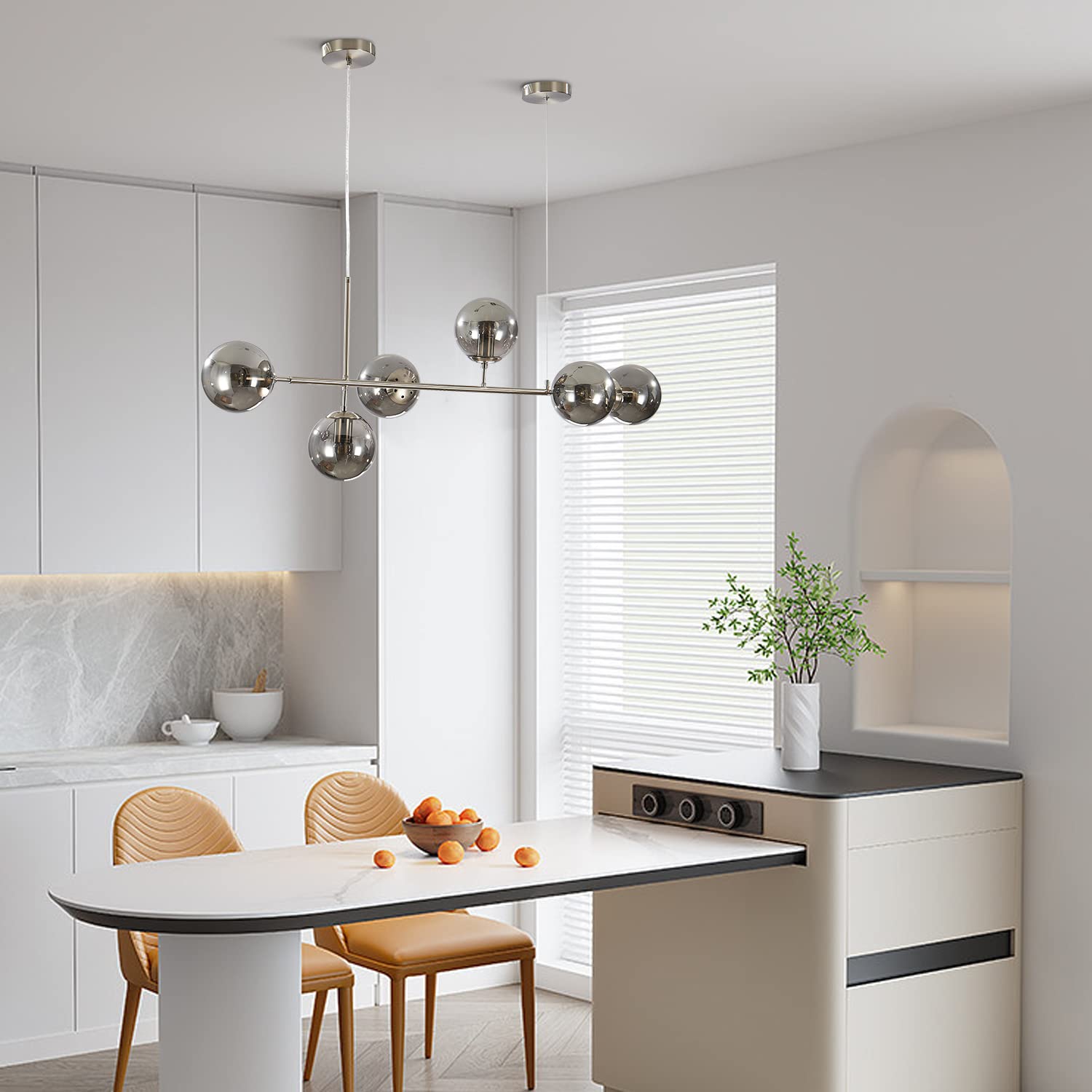 KCO 6-Light Modern Ceiling Pendant Lamp - Adjustable Mid-Century Chandelier in Silver & Smoke Grey for Kitchen Island & Dining Room