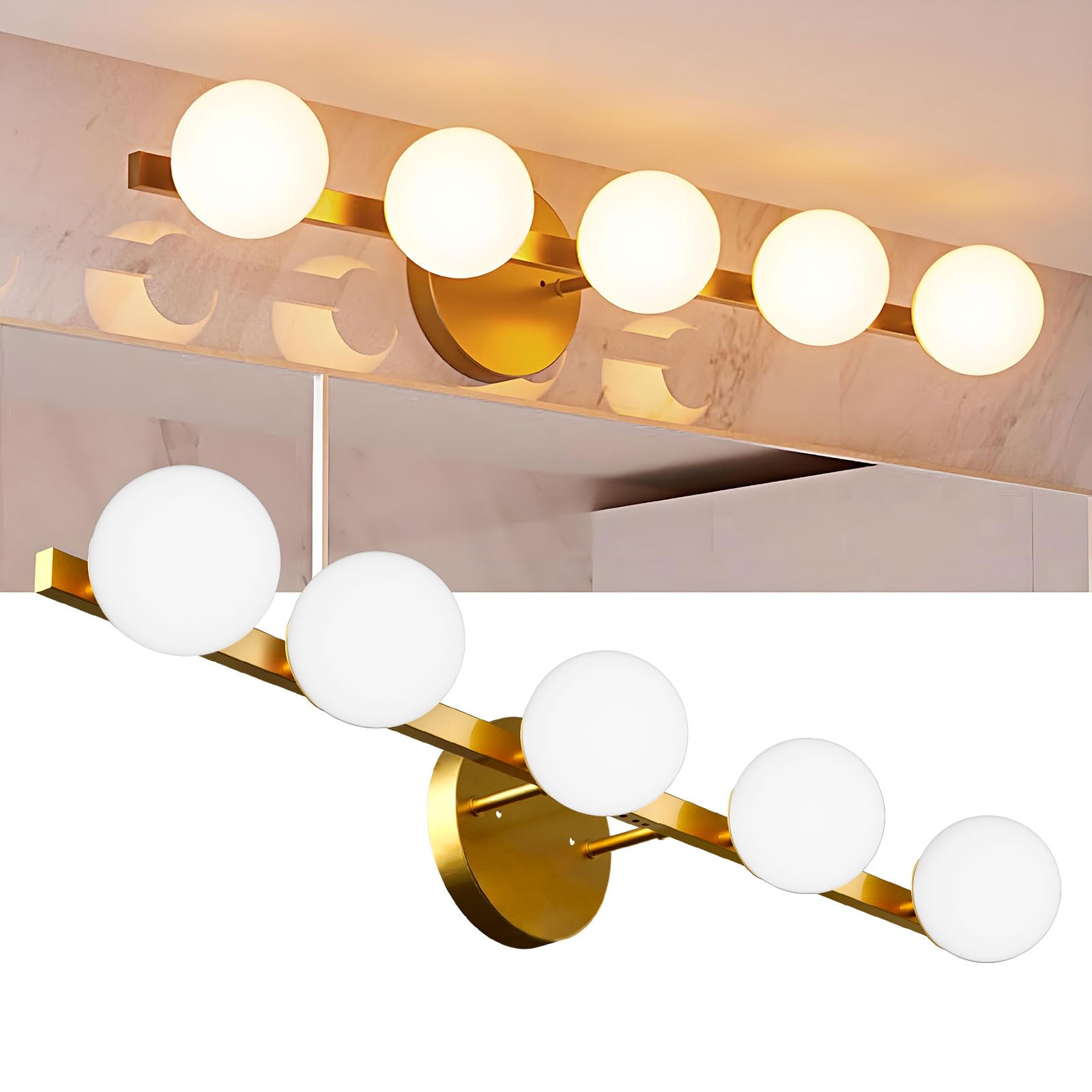 Lightdot 31'' 5-Light Modern Bathroom Vanity Light | Matte Gold Straight Frame With White Globe Water/Shatterproof Shades | Dimm