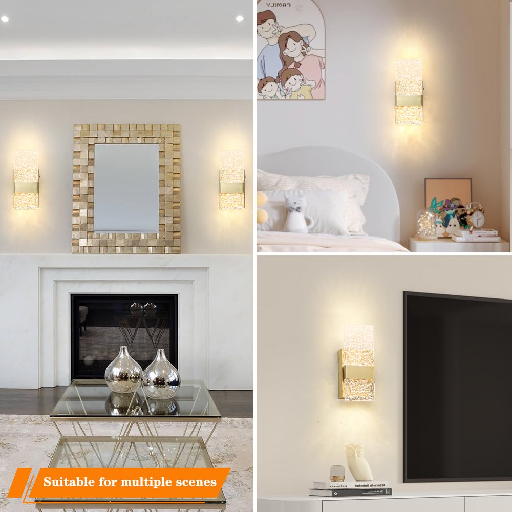 Ditoon Gold LED Wall Sconce Set of Two, Rechargeable Metal Vanity Light, Modern Design, 9.25 Inch, Brass Finish
