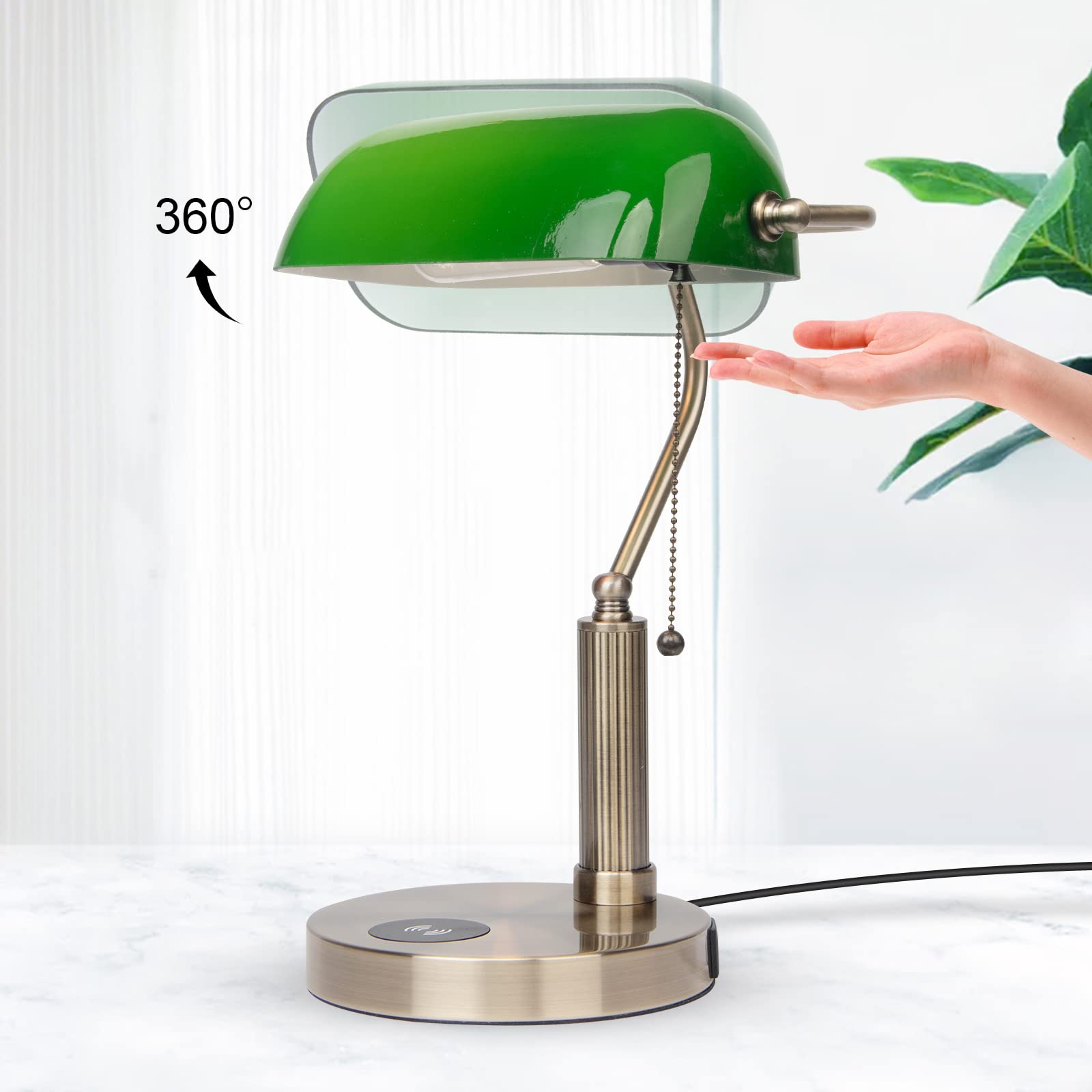 Firvre Green Glass Bankers Lamp With Usb & Wireless Charging, E26 Base, Traditional Design