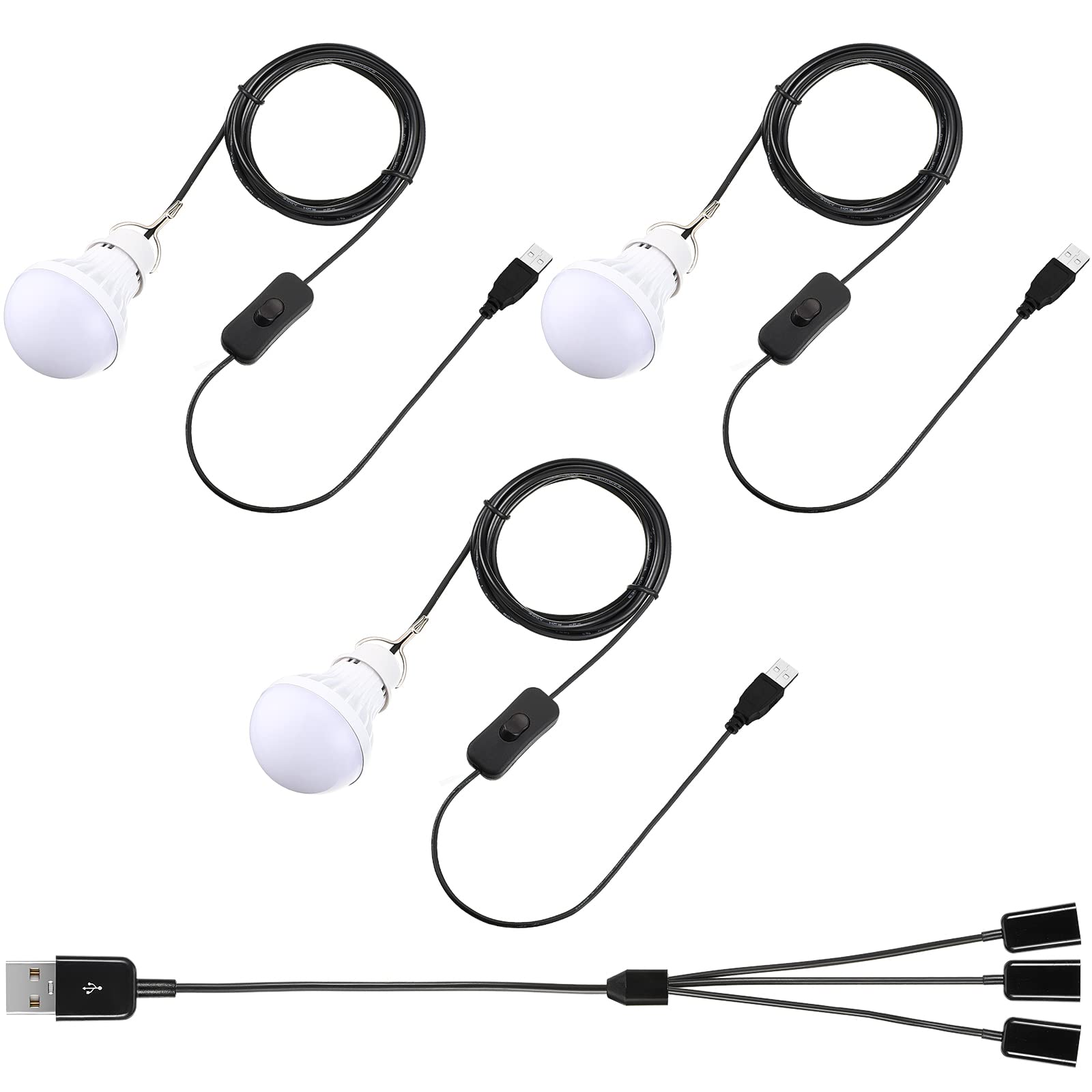 Tuanse 3pcs USB LED Light Bulbs Portable Camping Lights 5w with USB Splitter Cable 1 to 3, 8.2ft Extra Length Cord Tent Latern O