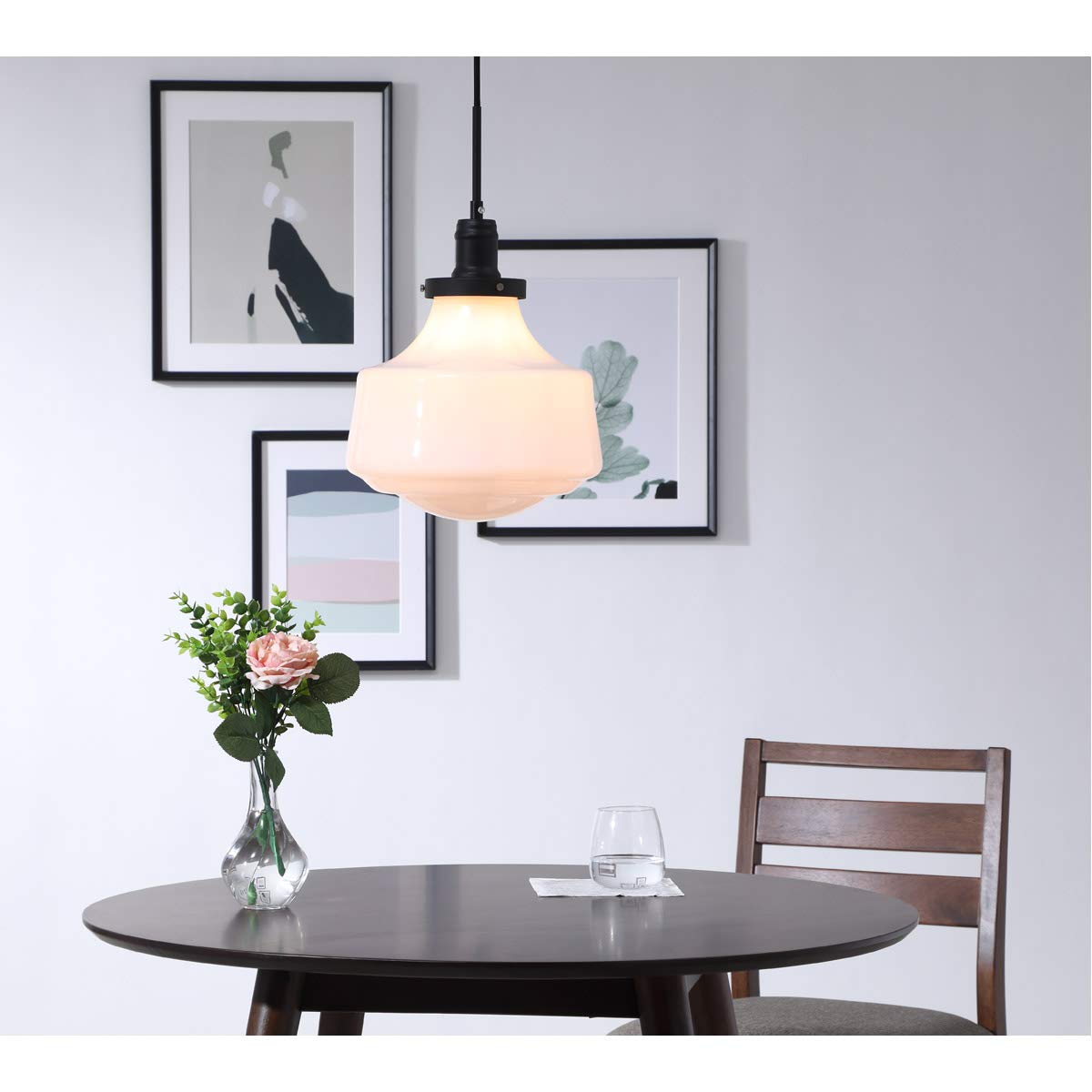 Living District Lyle 1-Light Metal Pendant in Black and Frosted White Glass