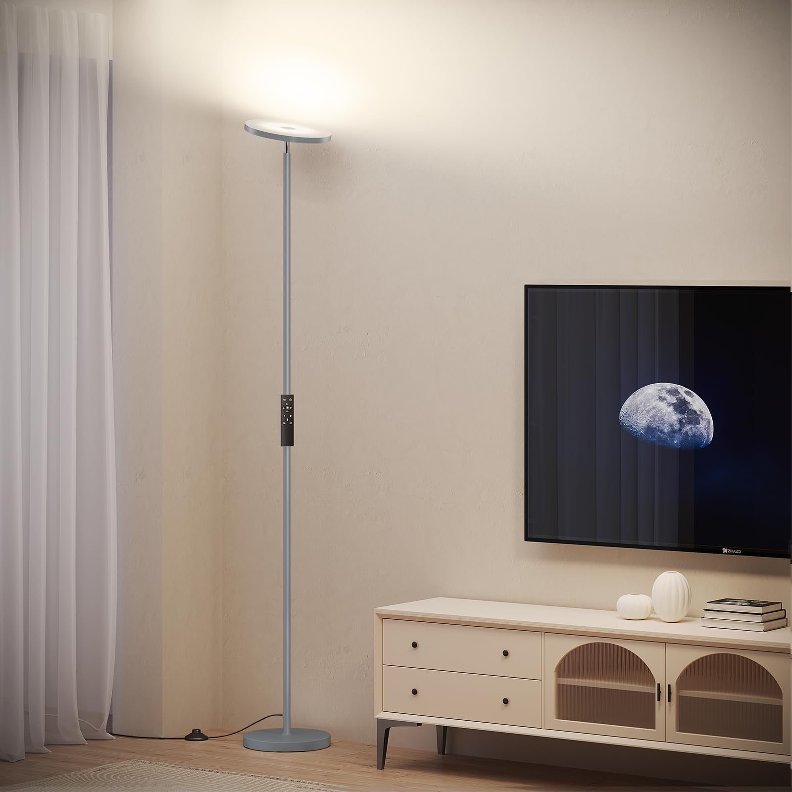SUNMORY LED Floor Lamp, 32W/3000LM Bright Torchiere, 69" Tall, Gray Metal, Remote Control, Stepless Dimmable for Living Room/Office