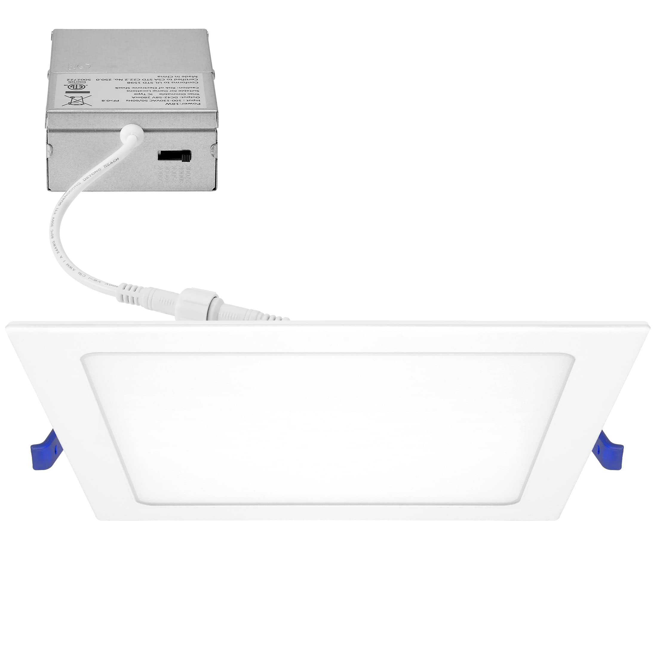 Maxxima 8 In. 5Cct Square Recessed Led Downlight, 1600 Lumens Slim Flat Panel Color Selectable 2700K/3000K/3500K/4000K/5000K, Dimmable, Canless Ic Rated, White Trim, J-Box Included