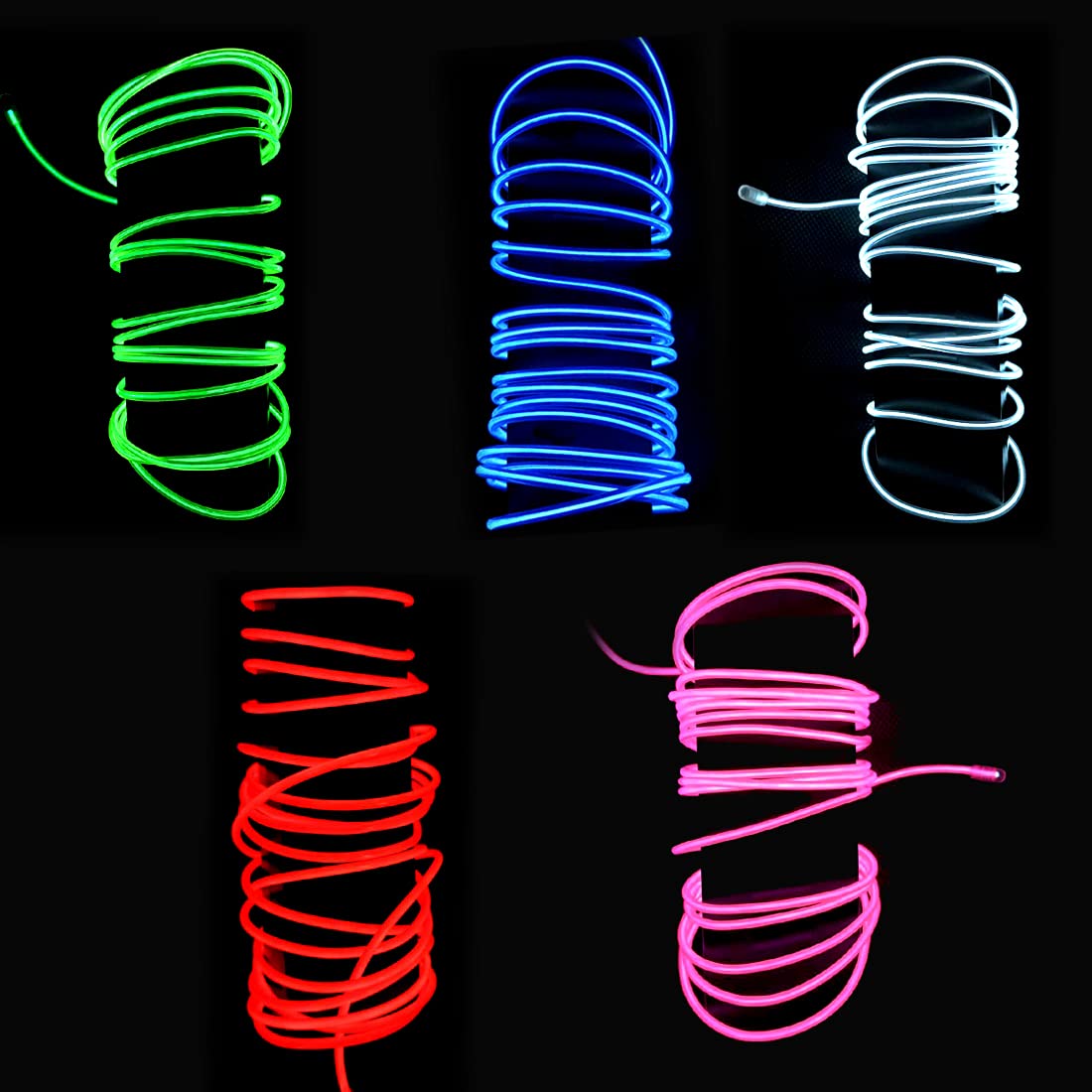 El Wire 5 Pack(Red,Blue,White,Green,Pink),9Ft/2.75M Neon Light Flash Electroluminescence, Used For Diy Design, Decoration...