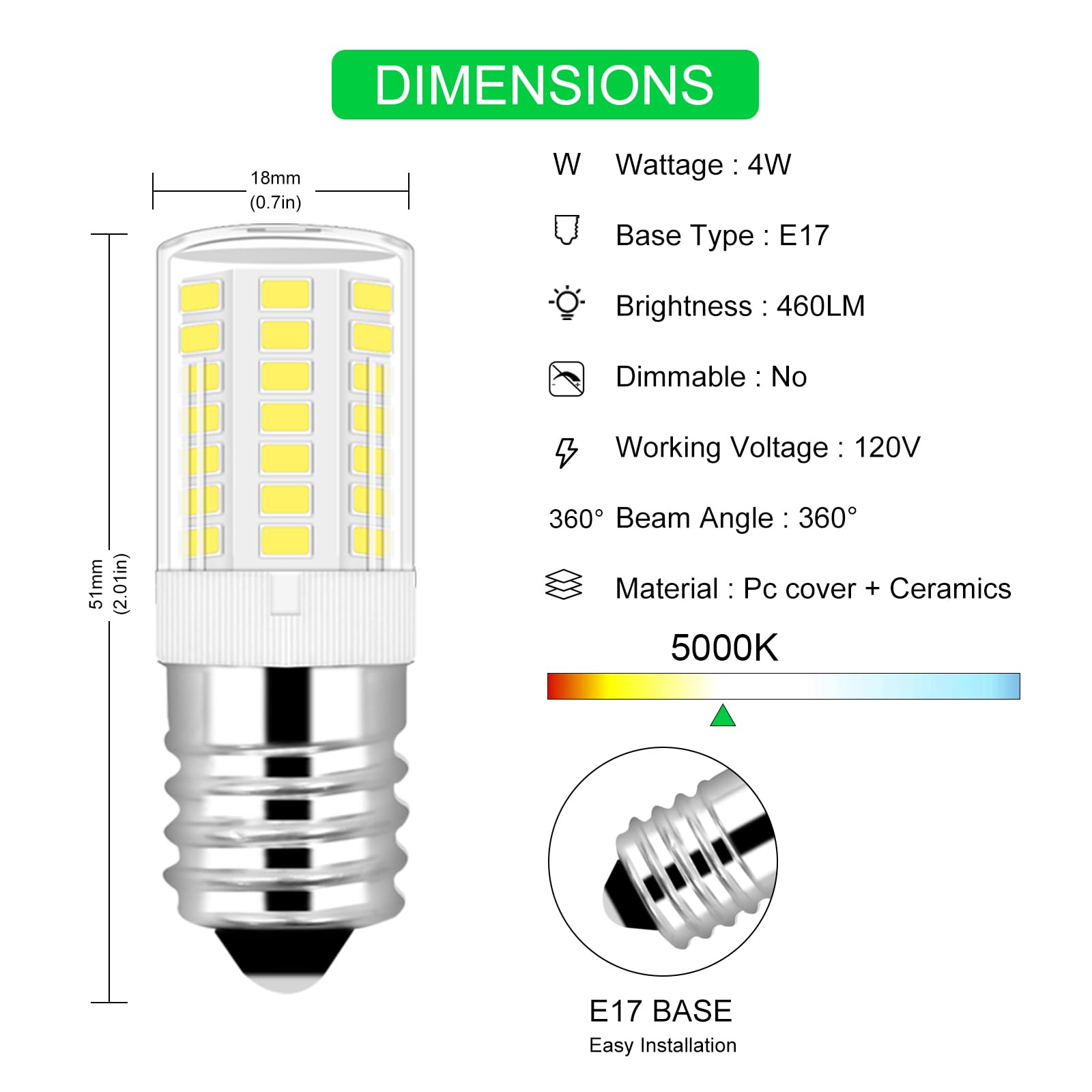 Lflampon Kei D28X Kel 2816X Freezer Bulb Replacement, E17 Led Bulb Dimmable, E17 Light Bulbs Daylight 5000K 4W, E17 Intermediate
