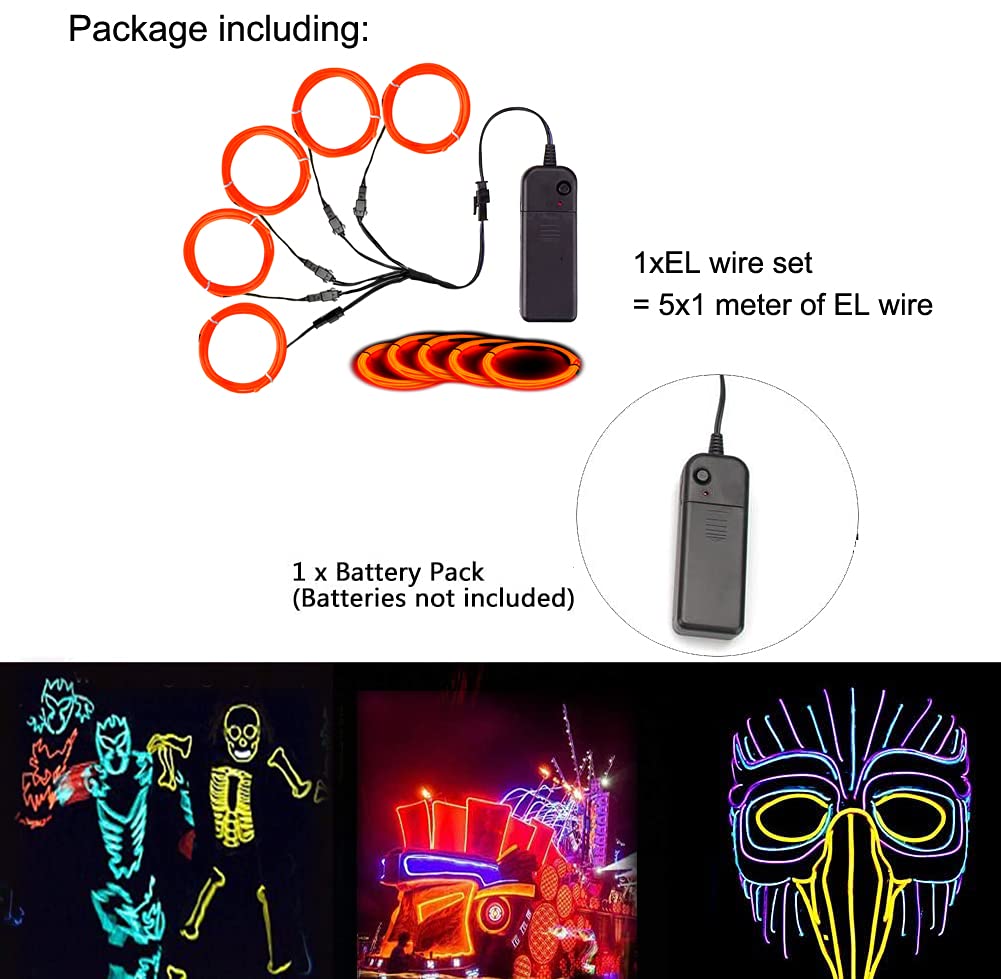 MaxLax EL Wire Orange, Noise Reduction Neon Wire Light 5 in 1 Meter, Electroluminescent Wire for Halloween Decoration, Christmas