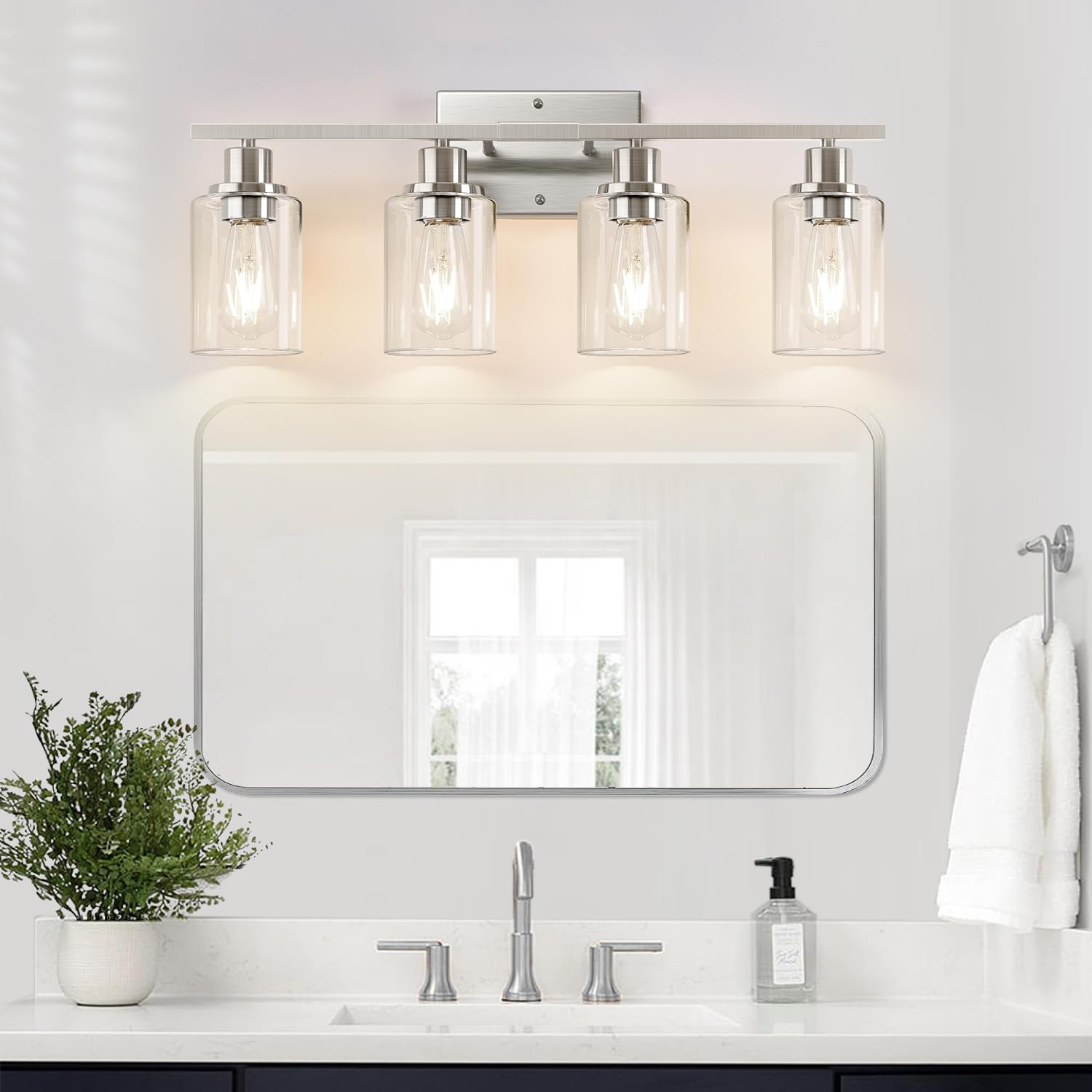 Indoi 4-Light Bathroom Light Fixtures, Brushed Nickel Vanity Lights With Clear Glass Shades, Modern Bathroom Wall Lamp For Mirro