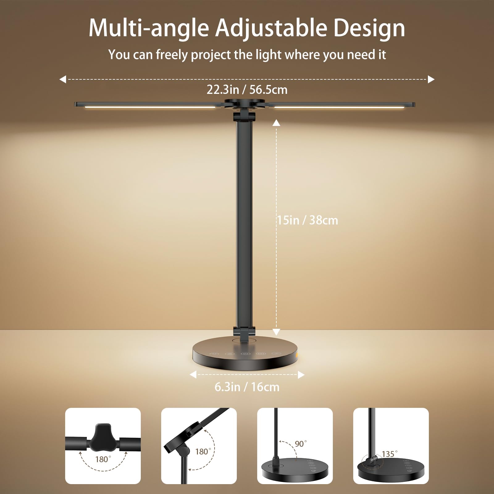 Semlos LED Desk Lamp - Dimmable with 5 Color Temperatures, Adjustable Brightness, Type-C Interface, Black, Model JB008, Adapter Included
