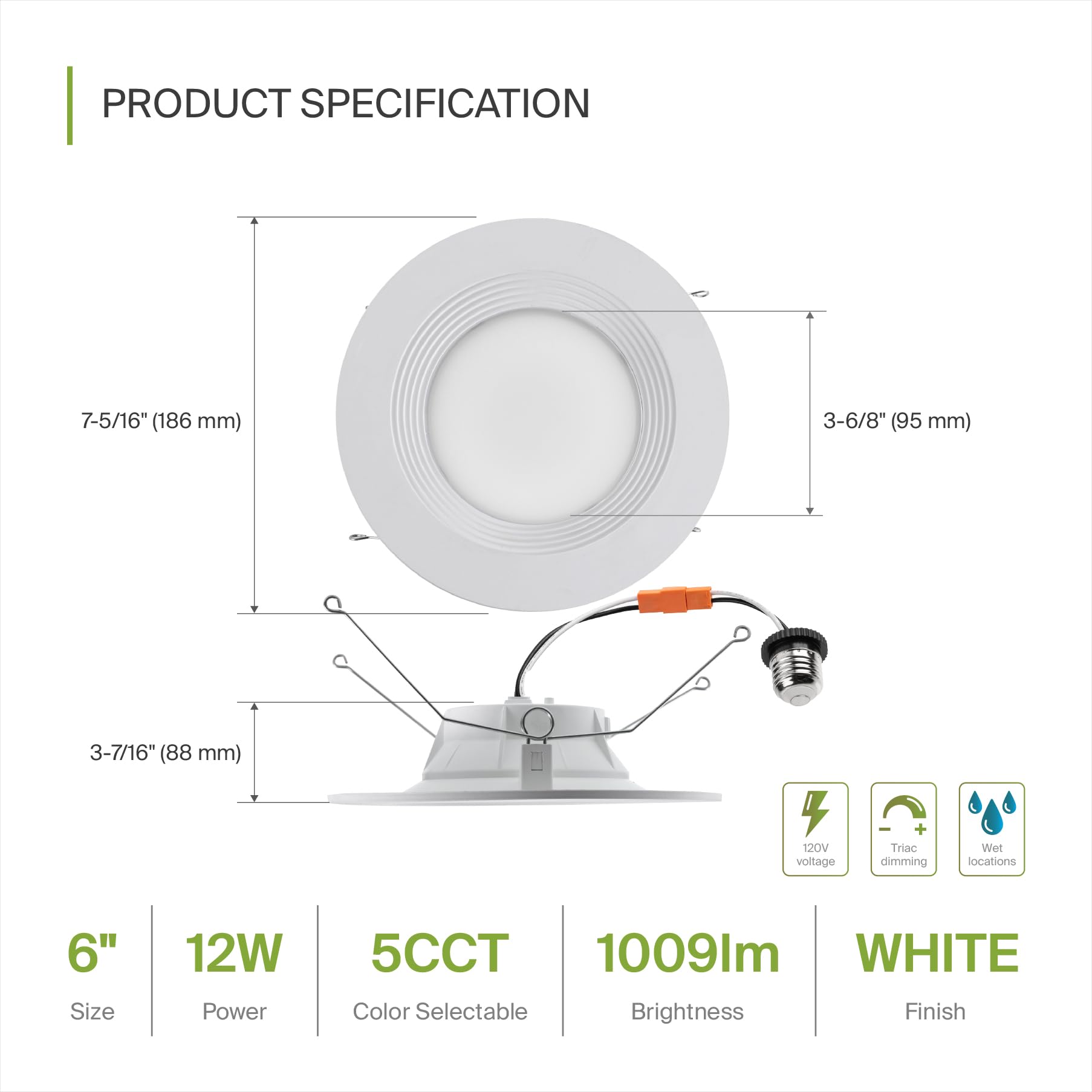 ASD Retrofit LED Recessed Lighting 6 Inch | White 12W 1009 Lm Wet Rated Dimmable Ceiling LED Downlights | 2700K-5000K Adjustable