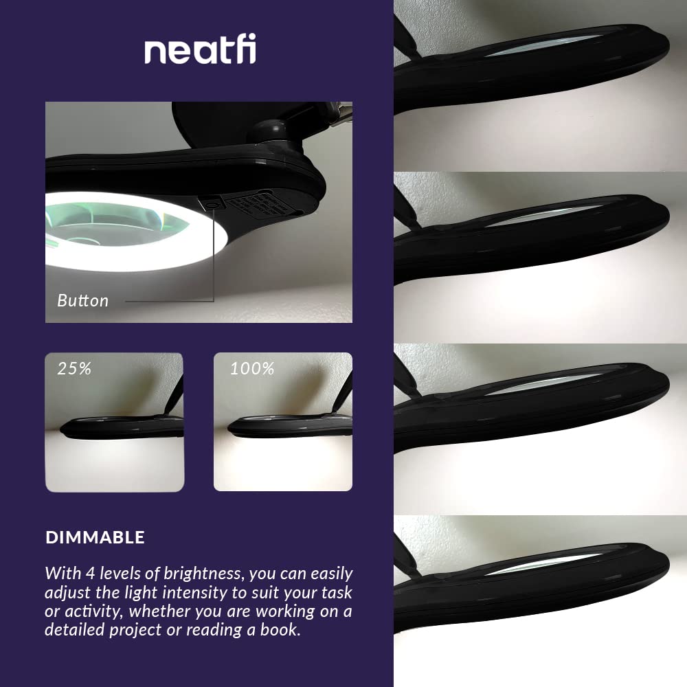 Neatfi Bifocal Magnifying Lamp, 1200 Lumens, Dimmable, 5in Lens, 5 Diopter + 20 Diopter, Black, Model 9003