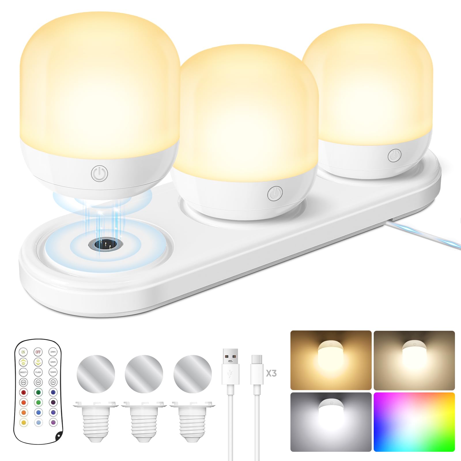 Rechargeable Battery Operated Light Bulb Set With Magnetic 3 In 1 Charging Station & Remote Control, Wireless Dimmable Detachabl