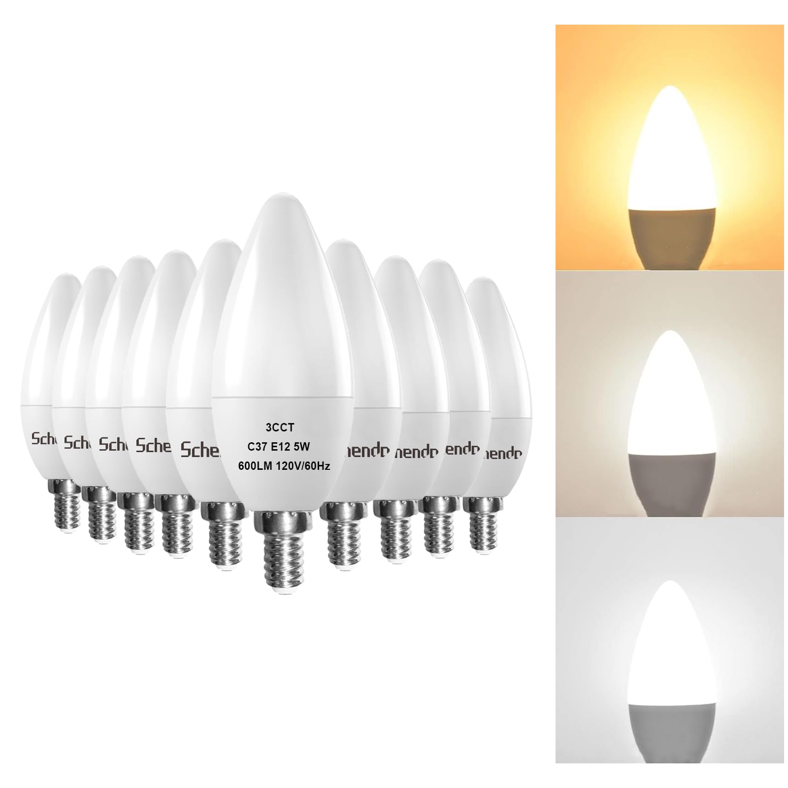 E12 LED 3-Color Candelabra Light Bulbs 60W Equivalent  with Warm White  Daylight  Natural White  Color Changing Light Bulb  600 Lumen Chandelier Bulb  5W B11 Candle Base  Non-Dimmable  10 Pack