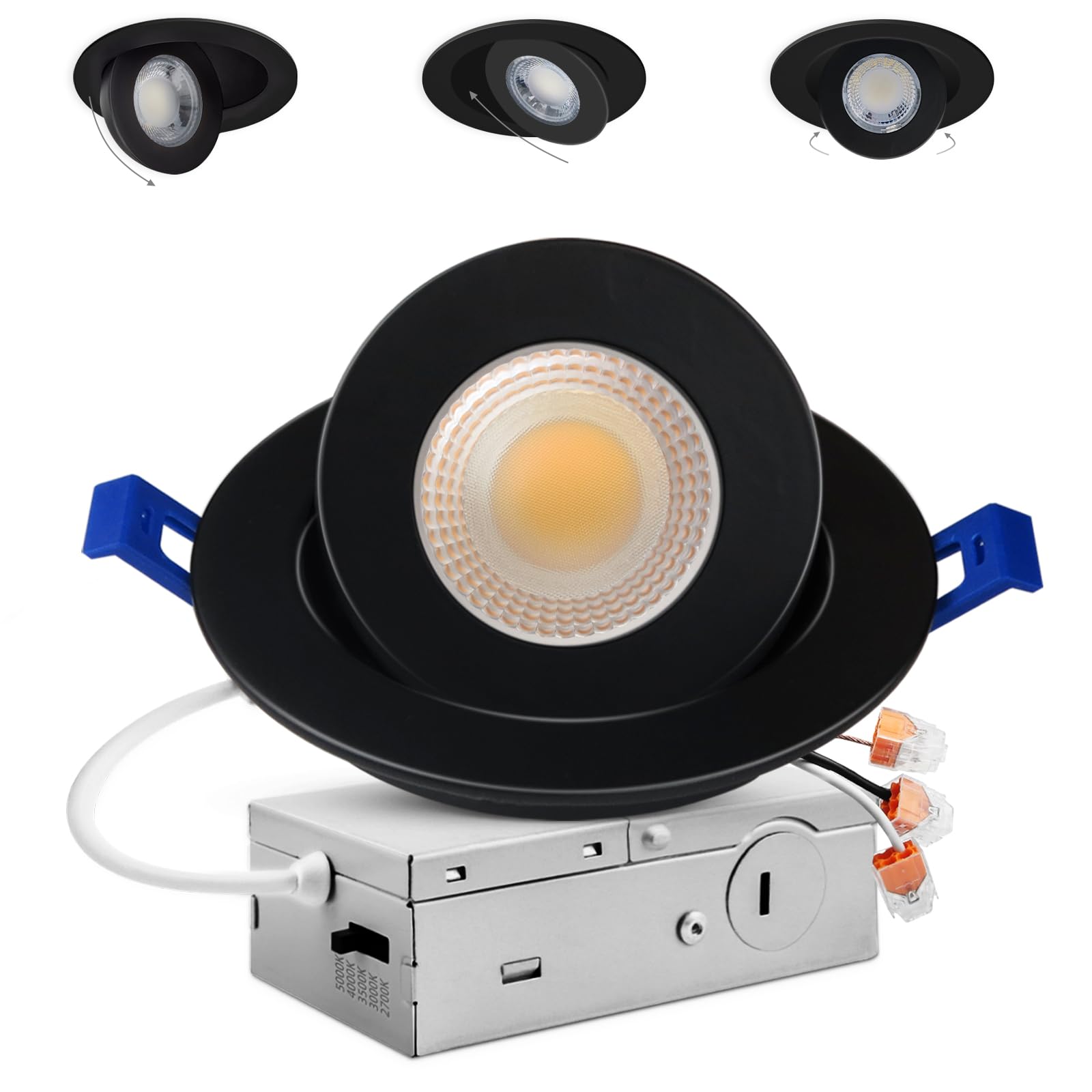 Adetu 4 inch 5CCT Gimbal Black Led Recessed Lights  360?90?Adjustable Directional Recessed Lighting  2700K-5000K Dimmable Retrofit Eyeball Can Lights with Jbox  ETL&Energy Star(Black 1 Pack)