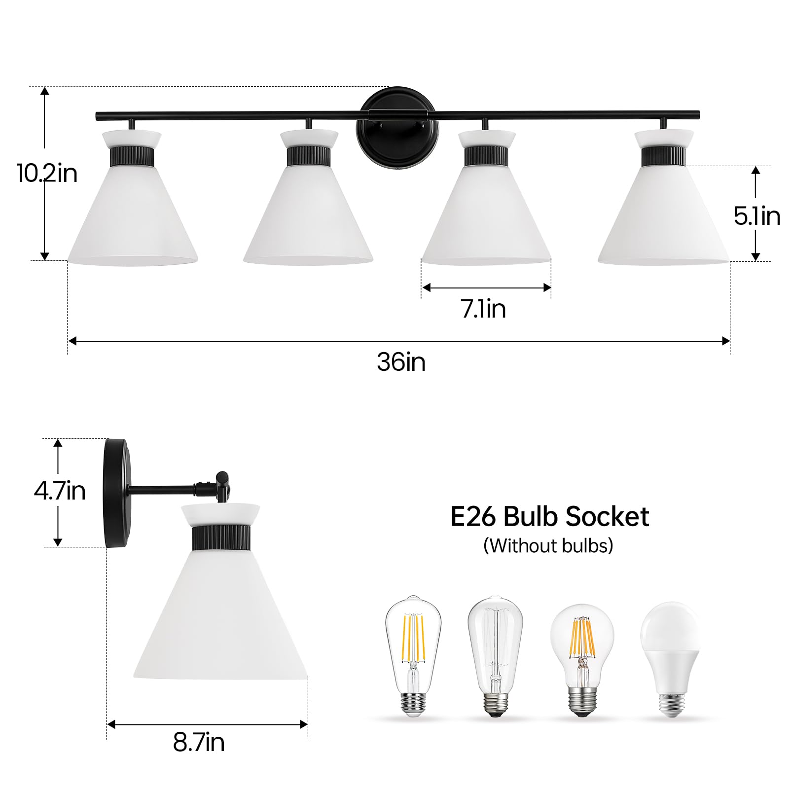 WOSHITU Black Bathroom Vanity Light Fixtures, 4-Light Metal Over Mirror Lighting, 36" with Milky White Frosted Glass, Vintage Farmhouse Style