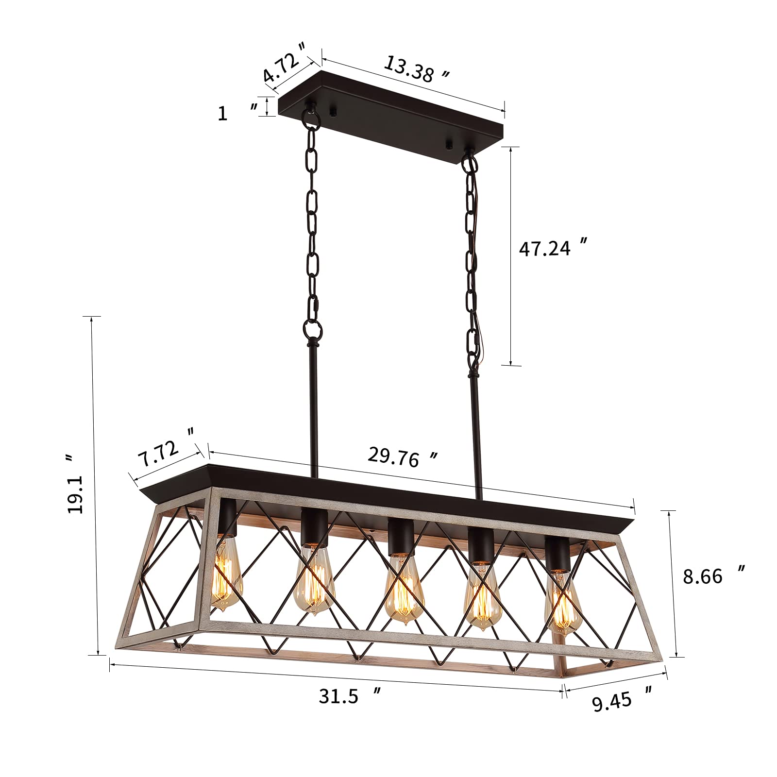 Q&S 5-Light Rustic Vintage Chandelier, Oak & Orb Pendant Fixture For Kitchen, Bar, Office