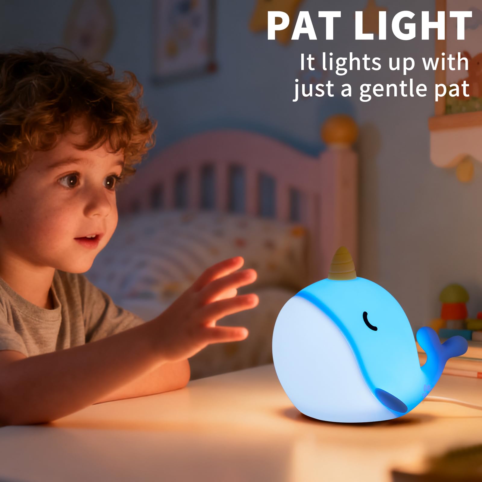 Hpydiy Cute Narwhal Night Light  Tap Control & Color Changing  Usb Kids Bed Lamp With Timer  Soft Silicore Glow For Nursery  Birthday Gift (Blue Narwhal 7-Color)