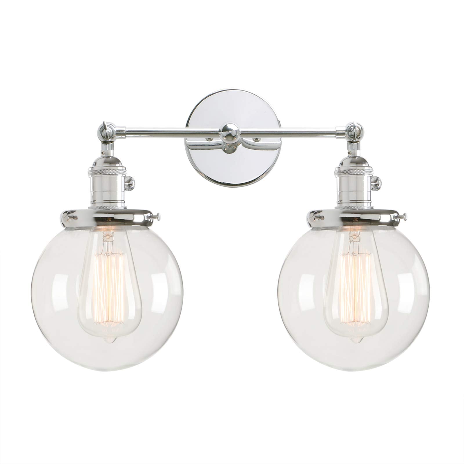Permo Double Sconce Vintage Industrial Antique 2-Lights Wall Sconces With Dual Mini 5.9 Round Clear Glass Globe Shade (Chrome)