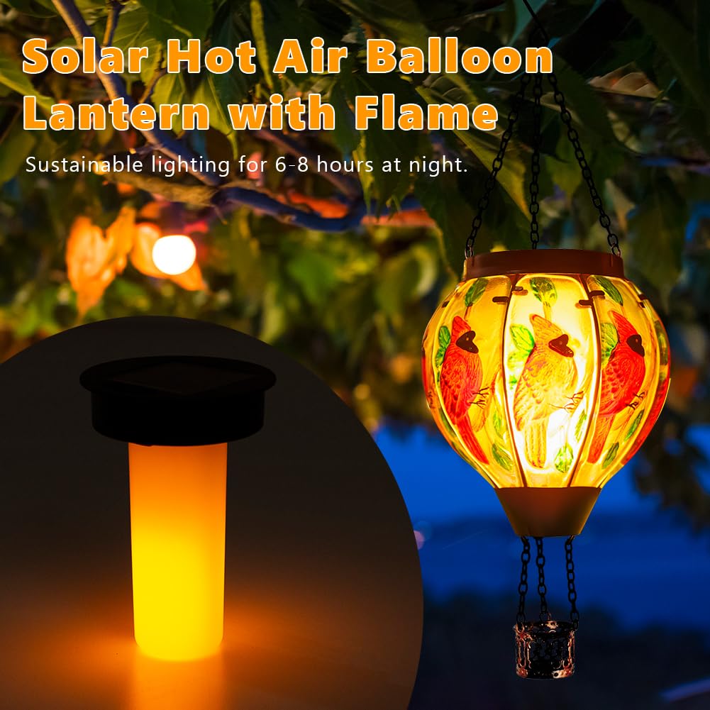 Starsoul 2 Pc Red Cardinal Hot Air Balloon Solar Lantern With Flame Glass Hanging Outdoor Hot Air Balloon Solar Light Waterproof