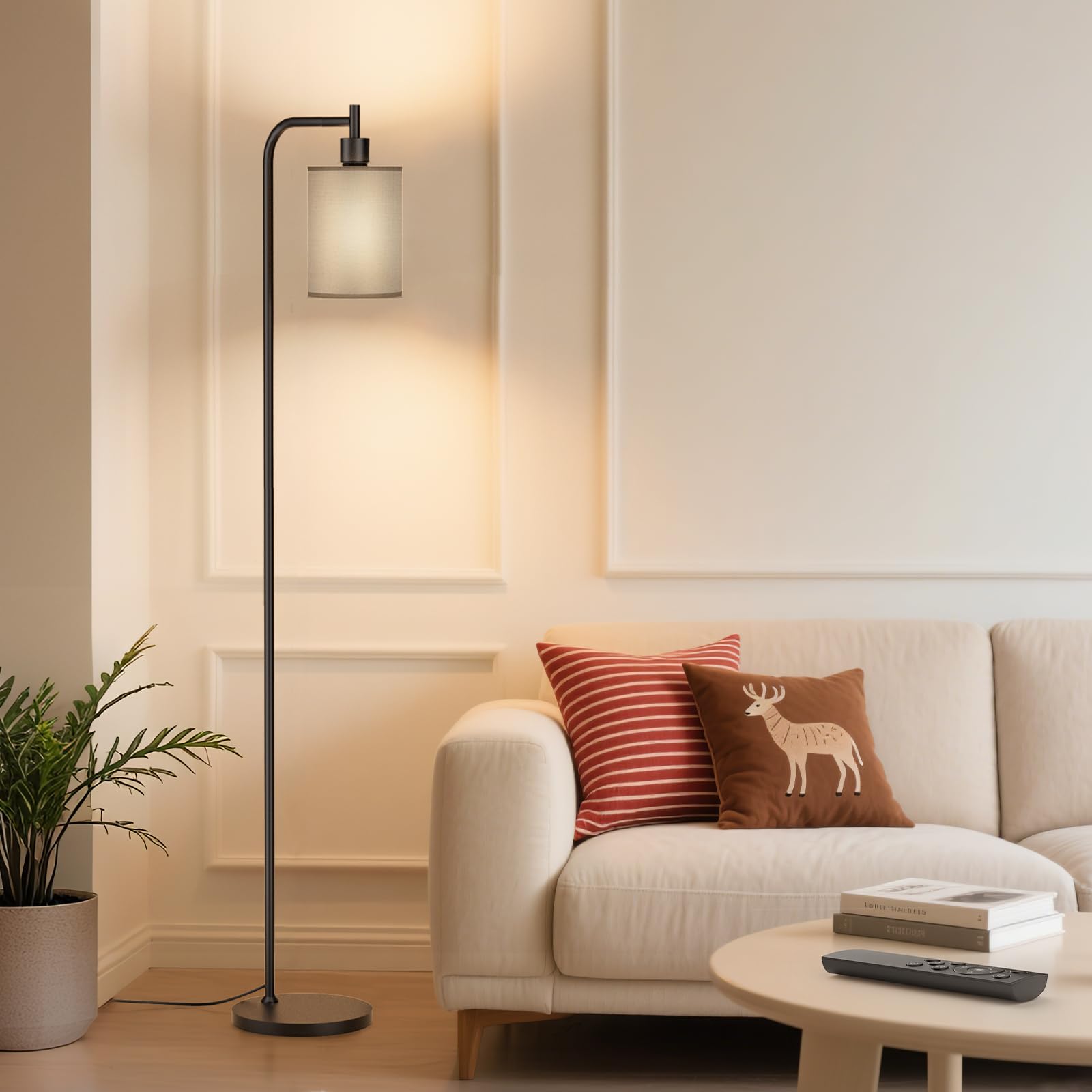 SIBRILLE Floor Lamp with Linen Shade, Dimmable, Remote Control, 9W LED Bulb, Large, Gray, Model BP-F072