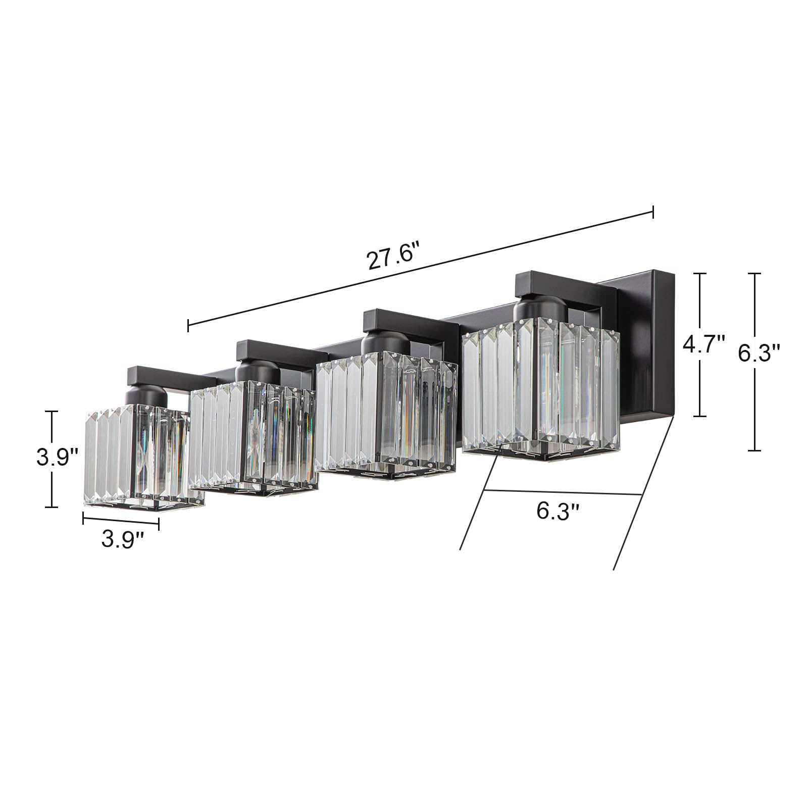 HUOKU Modern Crystal Bathroom Vanity Light Fixture, 4-Lights, Black-Square Shade, Metal and Crystal, Model 98741580-0316-4e46-bc29-8