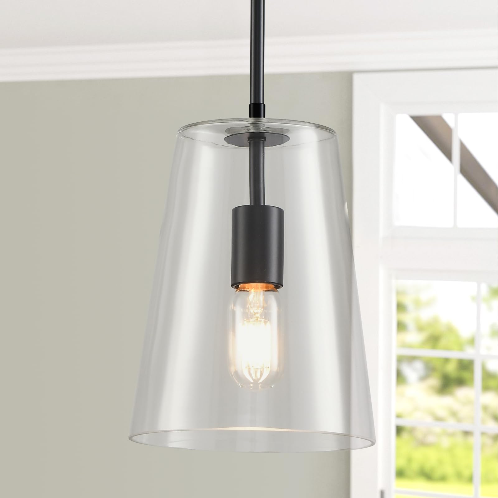 KLSS Black Pendant Lights - Clear Glass Fixture, 12in & 4in Rods, 2 Pack, Metal, Model LDDD002