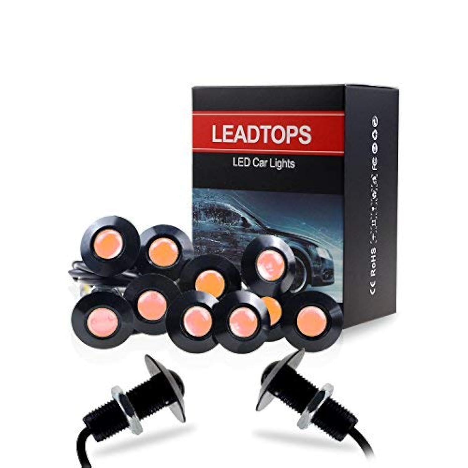 LEADTOPS Eagle Eye LED Lights 10-pack, 12V Ultra Thin 23mm Bulbs, Yellow, Black, Model 4350384140