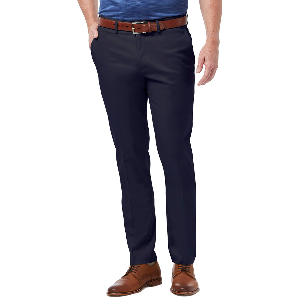 Haggar Mens Premium No Iron Khaki Straight Fit  Slim Fit Flat Front Casual Pant, Dark Navy Blue, 32W X 32L