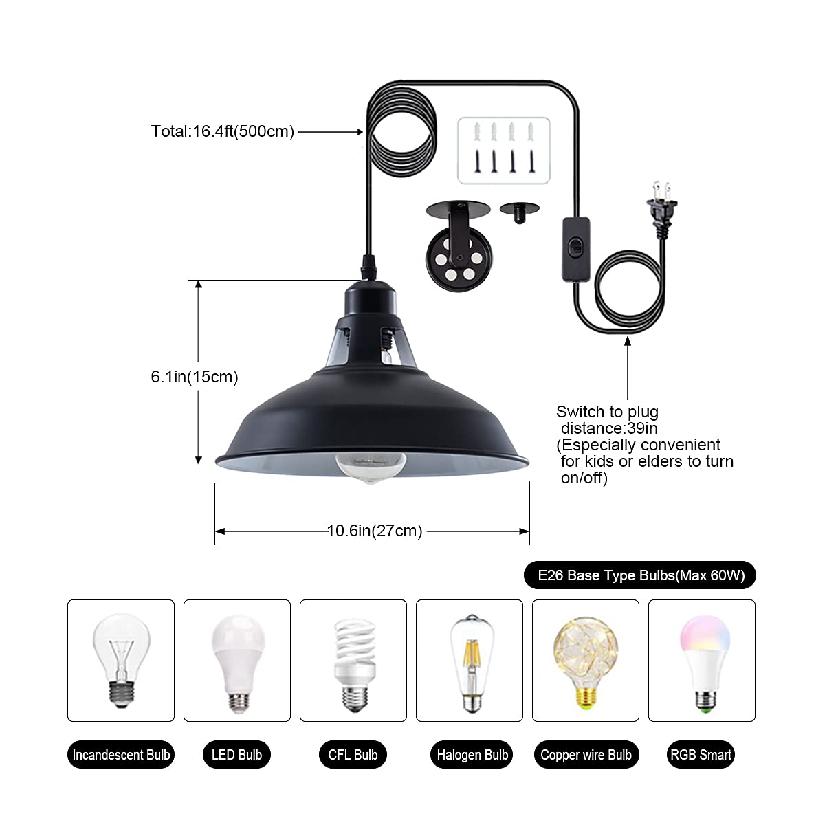 Lovefindahome Industrial Pulley Pendant Light, E26 Vintage Hanging Lamp, 16.4ft Cord, On/Off Switch, 2 Pack, Black
