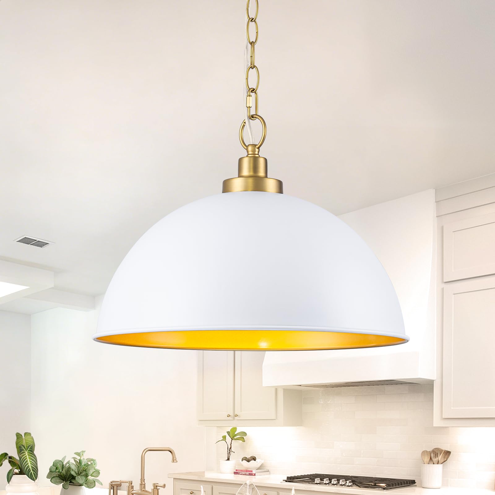 Lingkai Farmhouse Pendant Light Fixtures, 15.7 White and Gold Dome Pendant Lighting Kitchen Island, Adjustable Height Vintage Ha