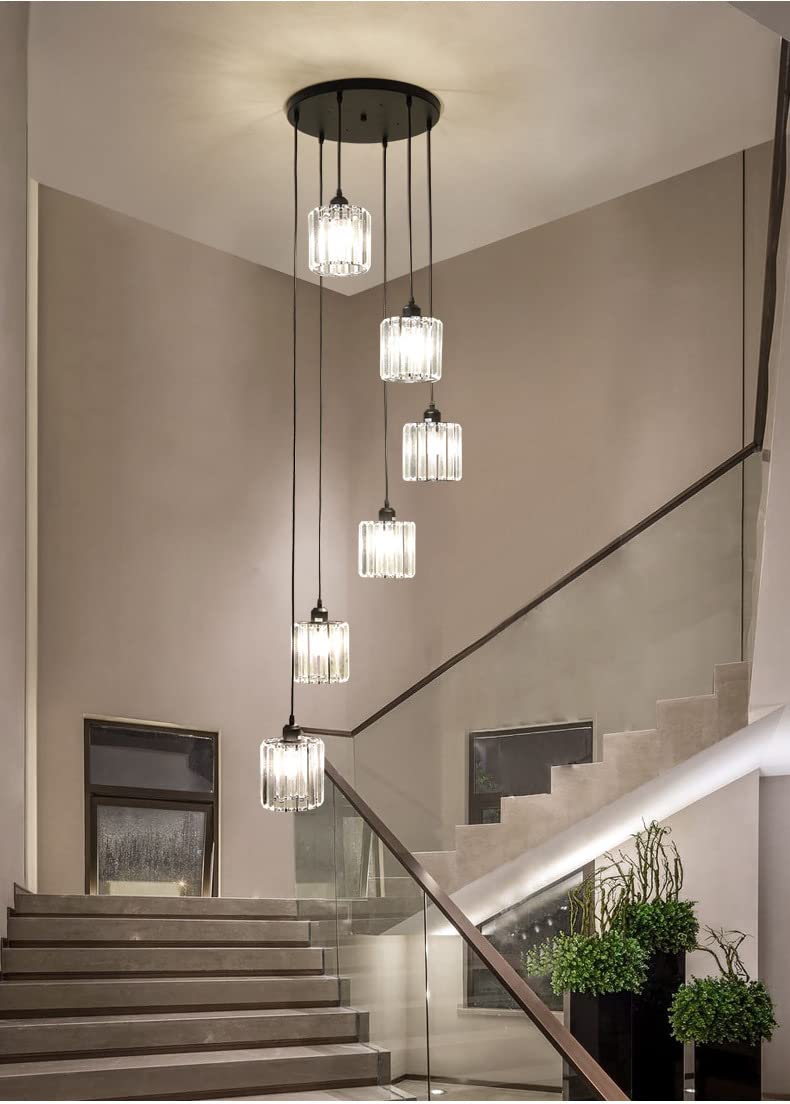 Meimond Modern Crystal Pendant Light - 6 Lights Metal Chandelier, Black, for High Ceilings, Foyer, Living Room, Model LTD-10