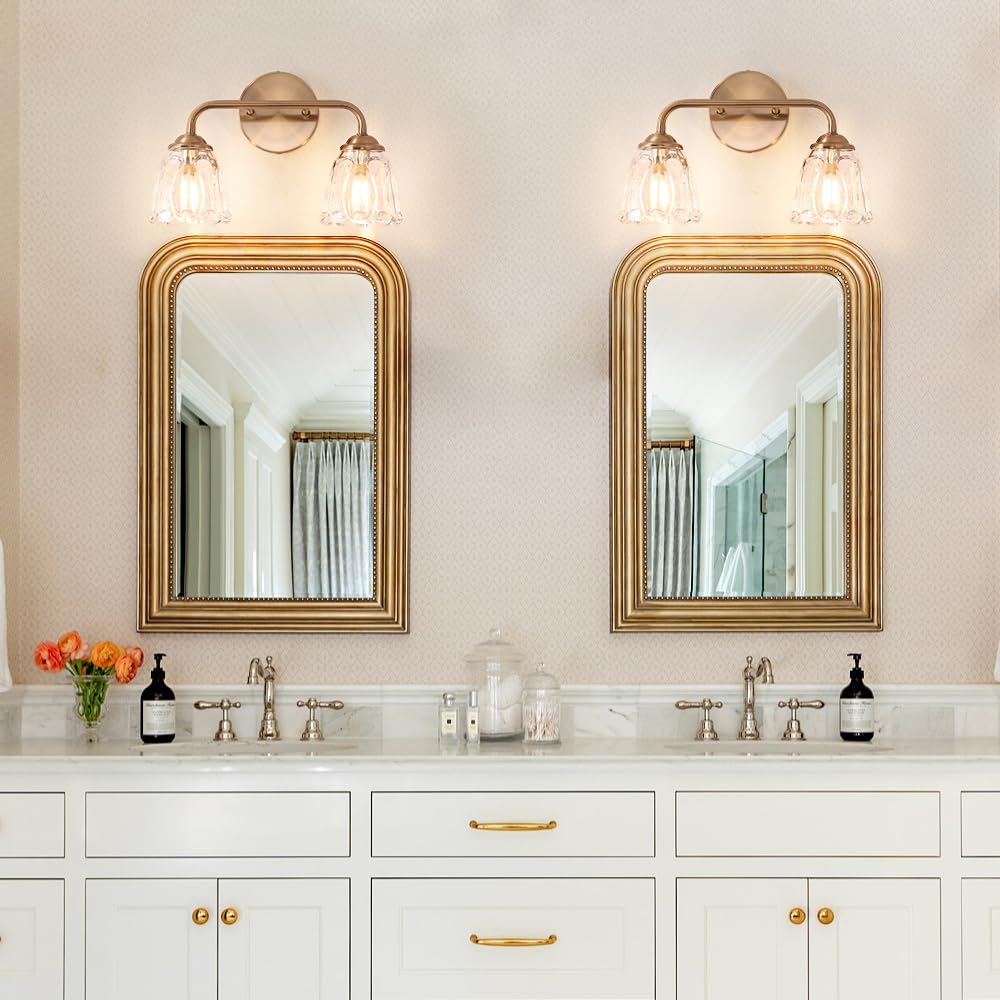 Daunton Vintage Brass Vanity Light, 2-Light Bathroom Lighting Fixtures Over Mirror, Elegant Vanity Lighting For Bathroom With Cl