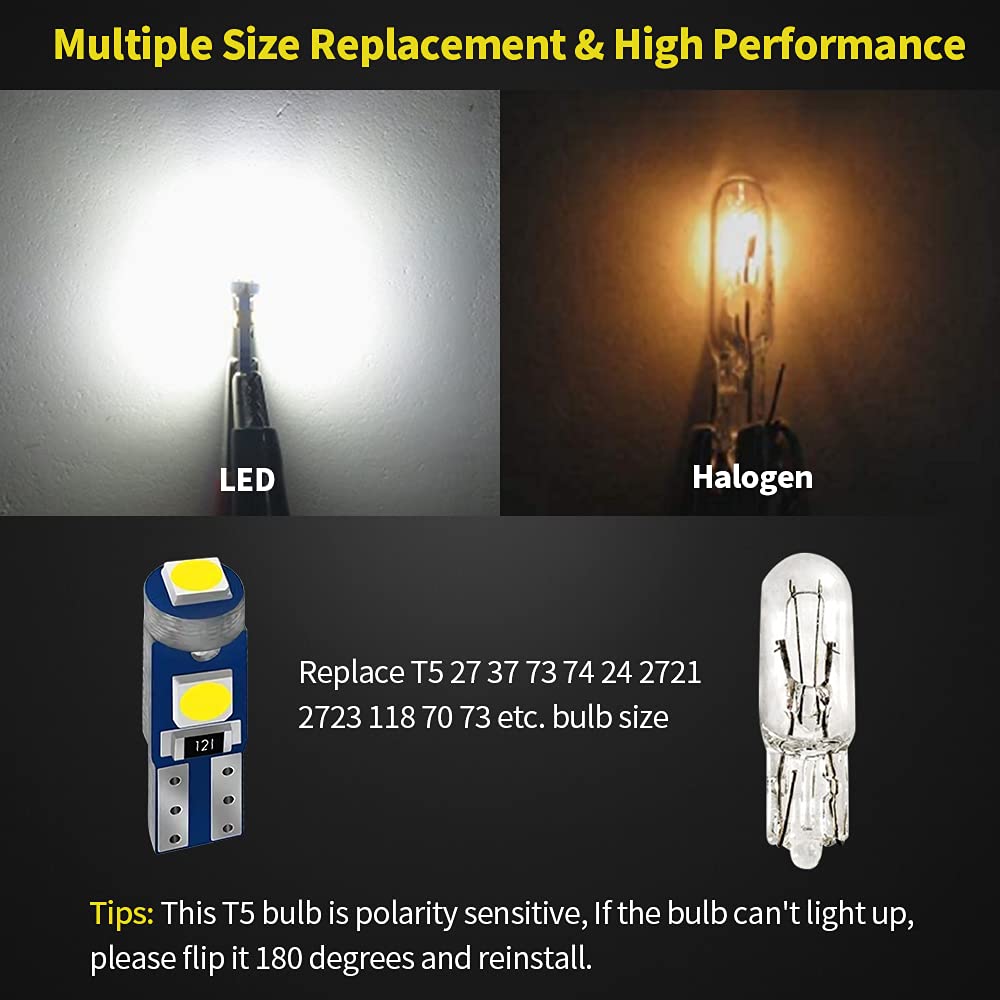 AUXLIGHT T5 LED Bulbs - 20 Piece Dashboard Lights, 6000K White, Model AUXLED-T5-3SMD-20W, Ideal for Interior Dome & Instrument Panel