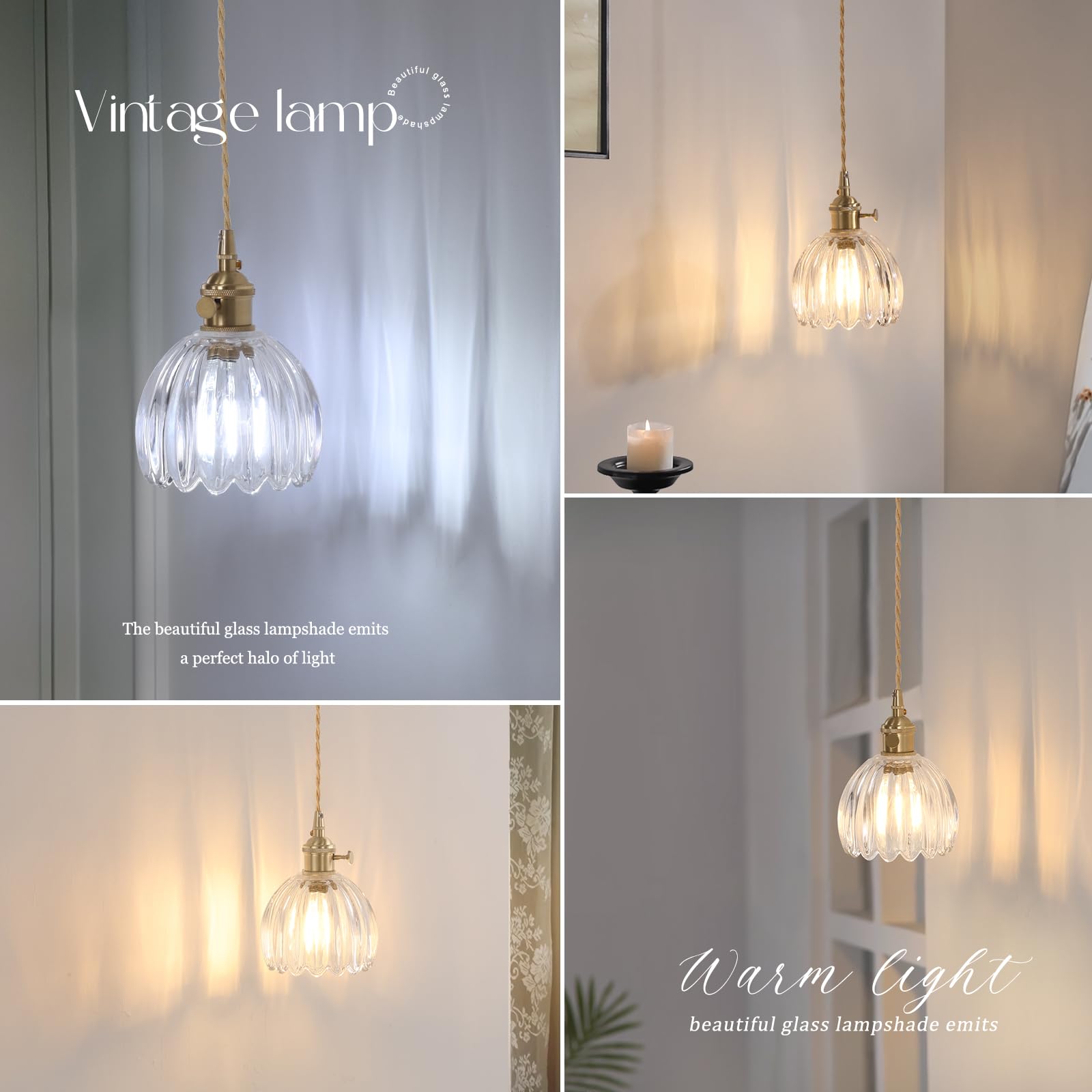 Shenmoyl Vintage Wall Sconce Lamp - Adjustable Chain, Glass Tulip Shade, Hardwired, Clear, Gold Finish
