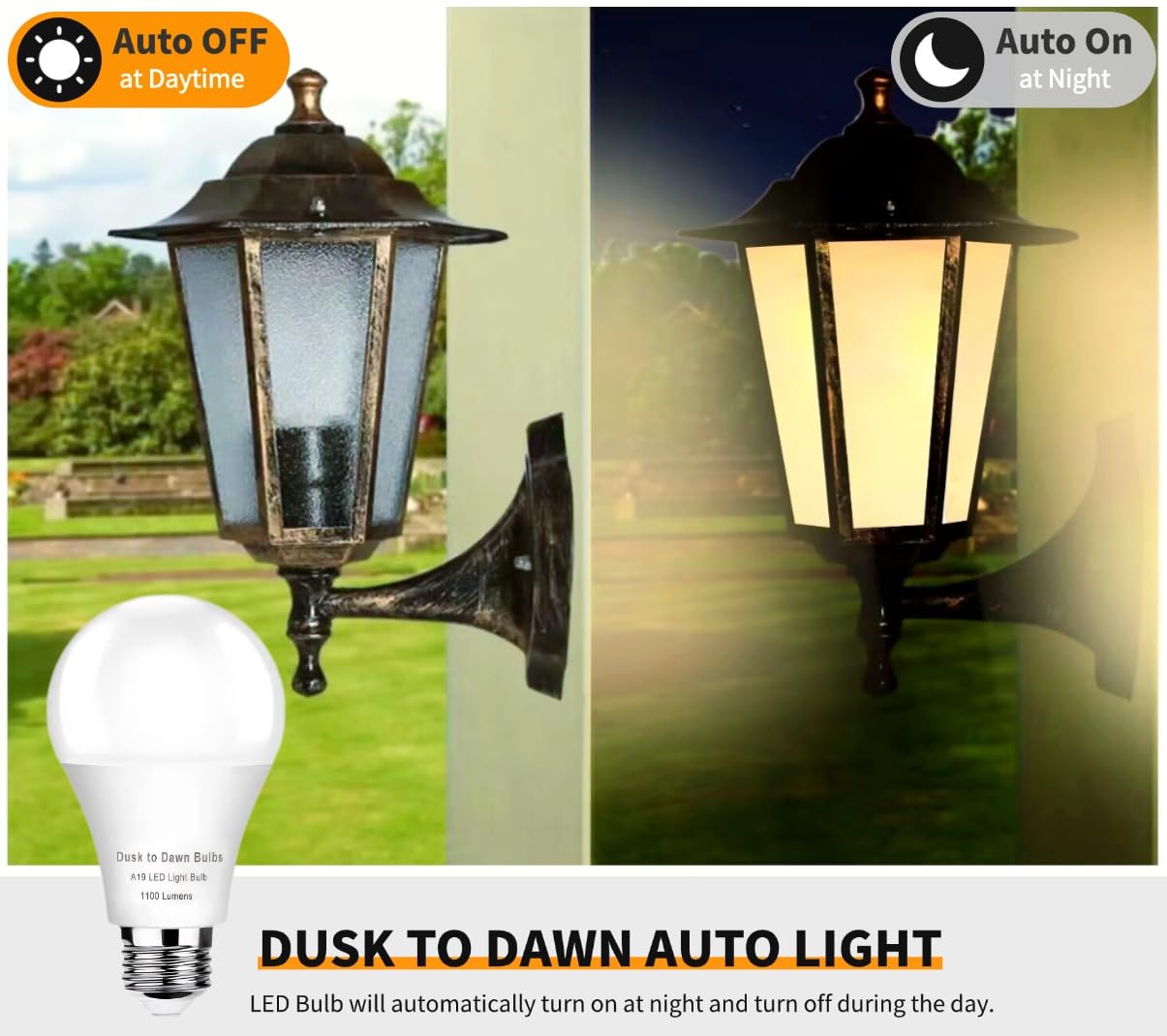 4 -Pack Dusk To Dawn Light Bulbs Outdoor,75 Watt Equivalent, Sensor 10W A19 Led Light Bulb,2700K Warm White 1100 Lumens, Auto On