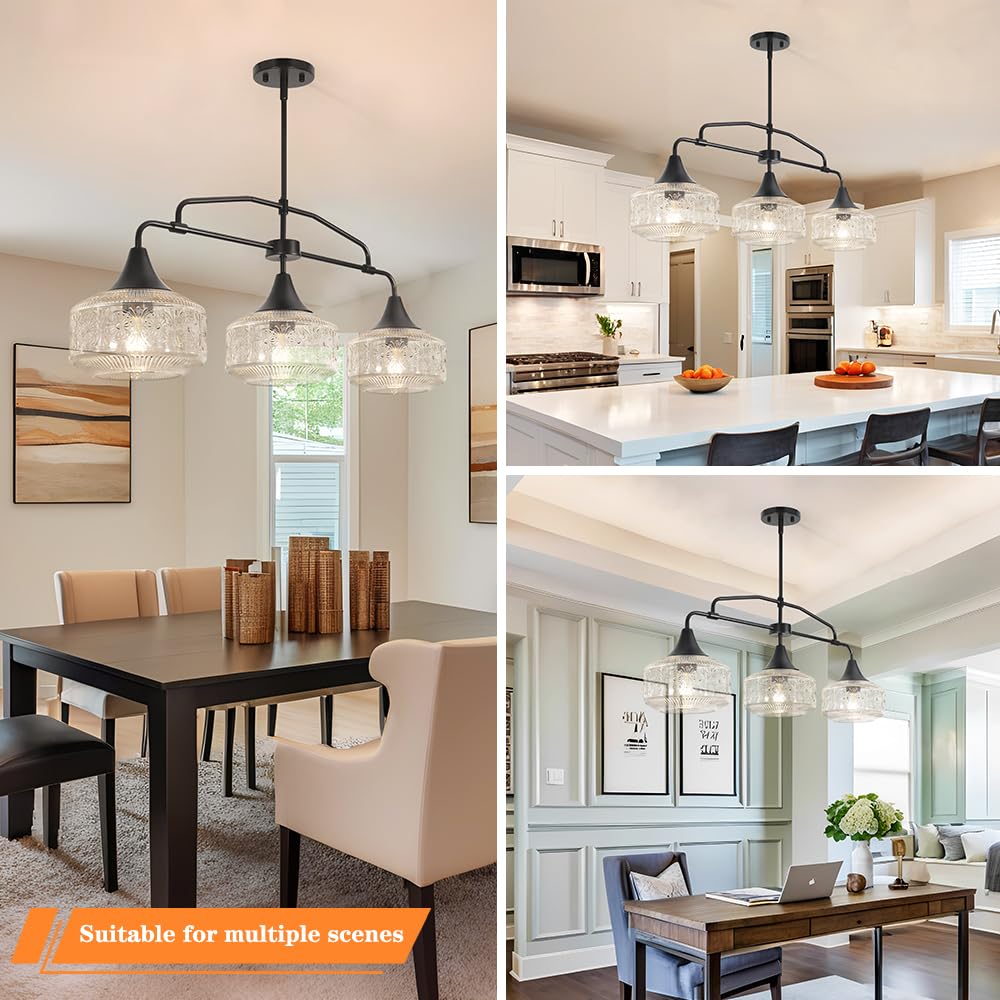 DSMJFU Black 3-Light Farmhouse Kitchen Island Pendant Light, Adjustable 37.4in Metal Fixture with Clear Glass for Dining Room, Model 250614