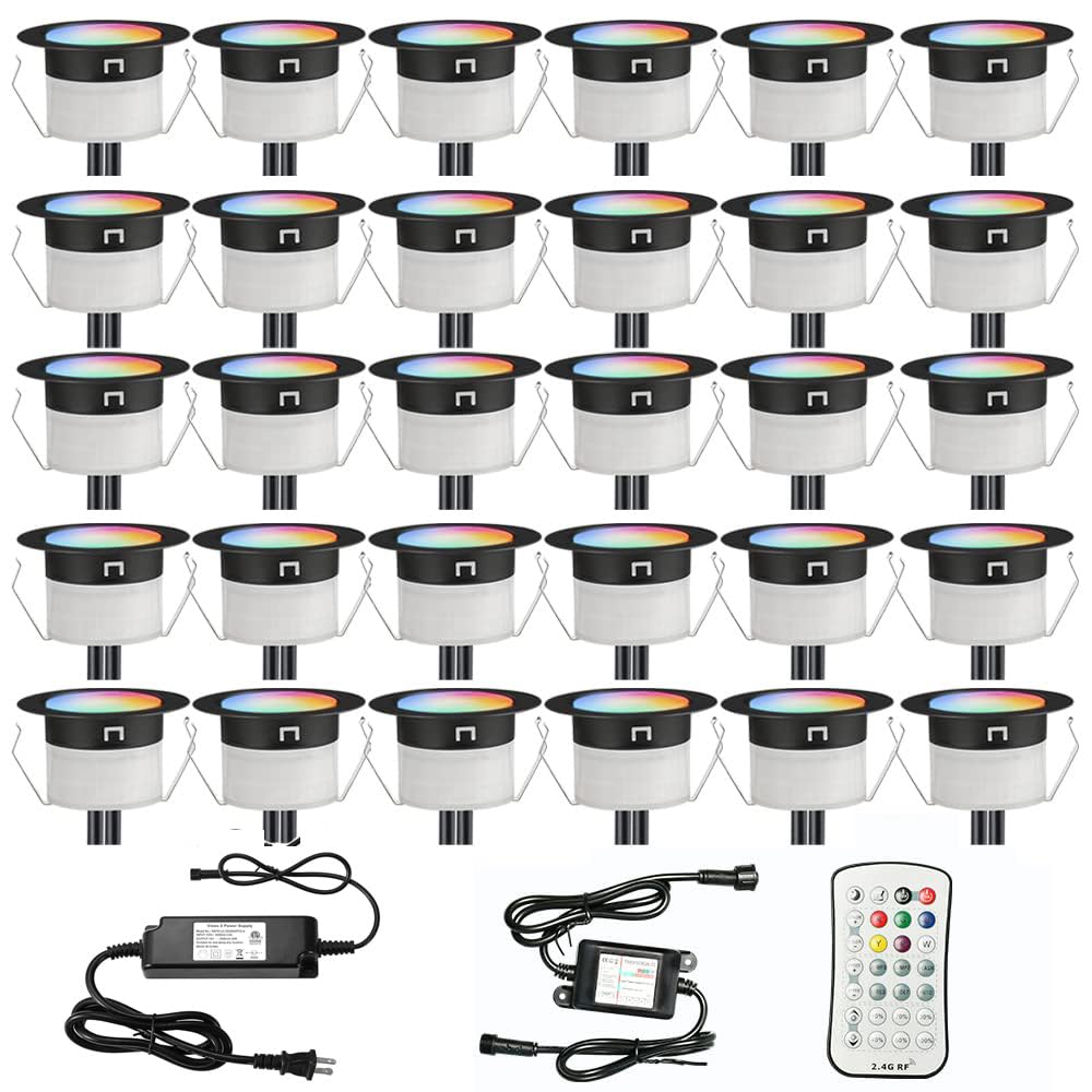 FVTLED Low Voltage Recessed RGBW Deck Light, 30pcs F1.22 RGB & Warm White Stainless Steel Waterproof Outdoor Step Lighting In-gr